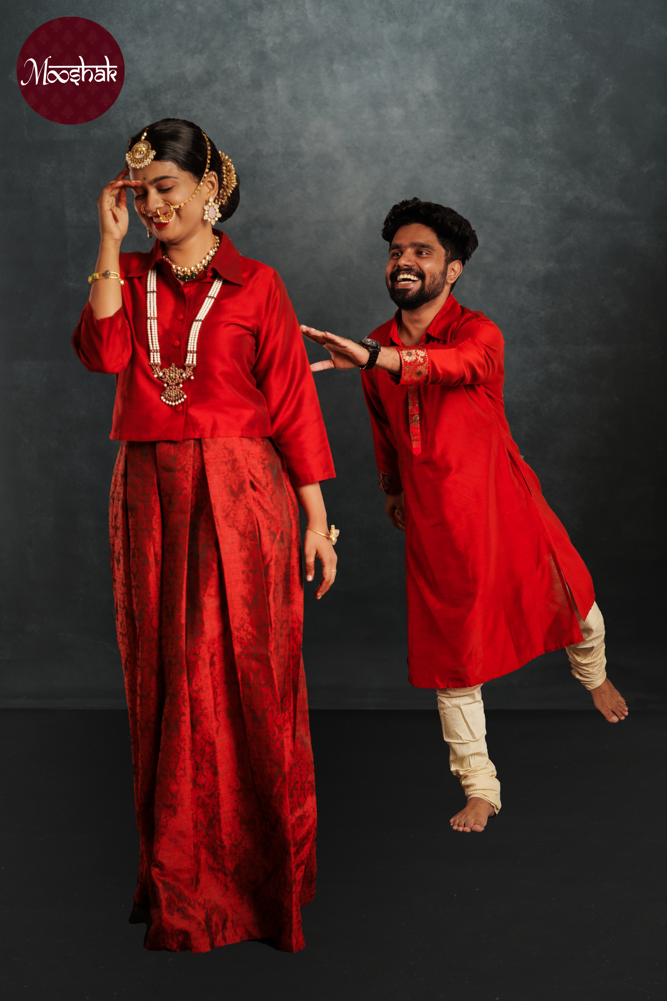 Nutan - Skirt and Top in Red brocade with self motif