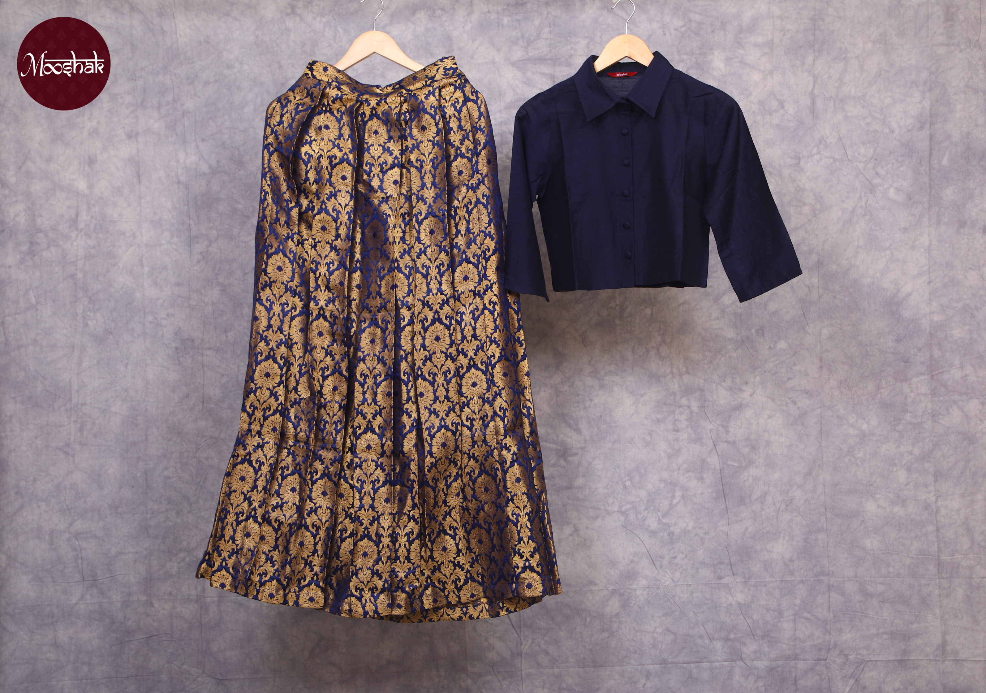 Nutan - Skirt and Top in Royal Blue brocade with gold zari work