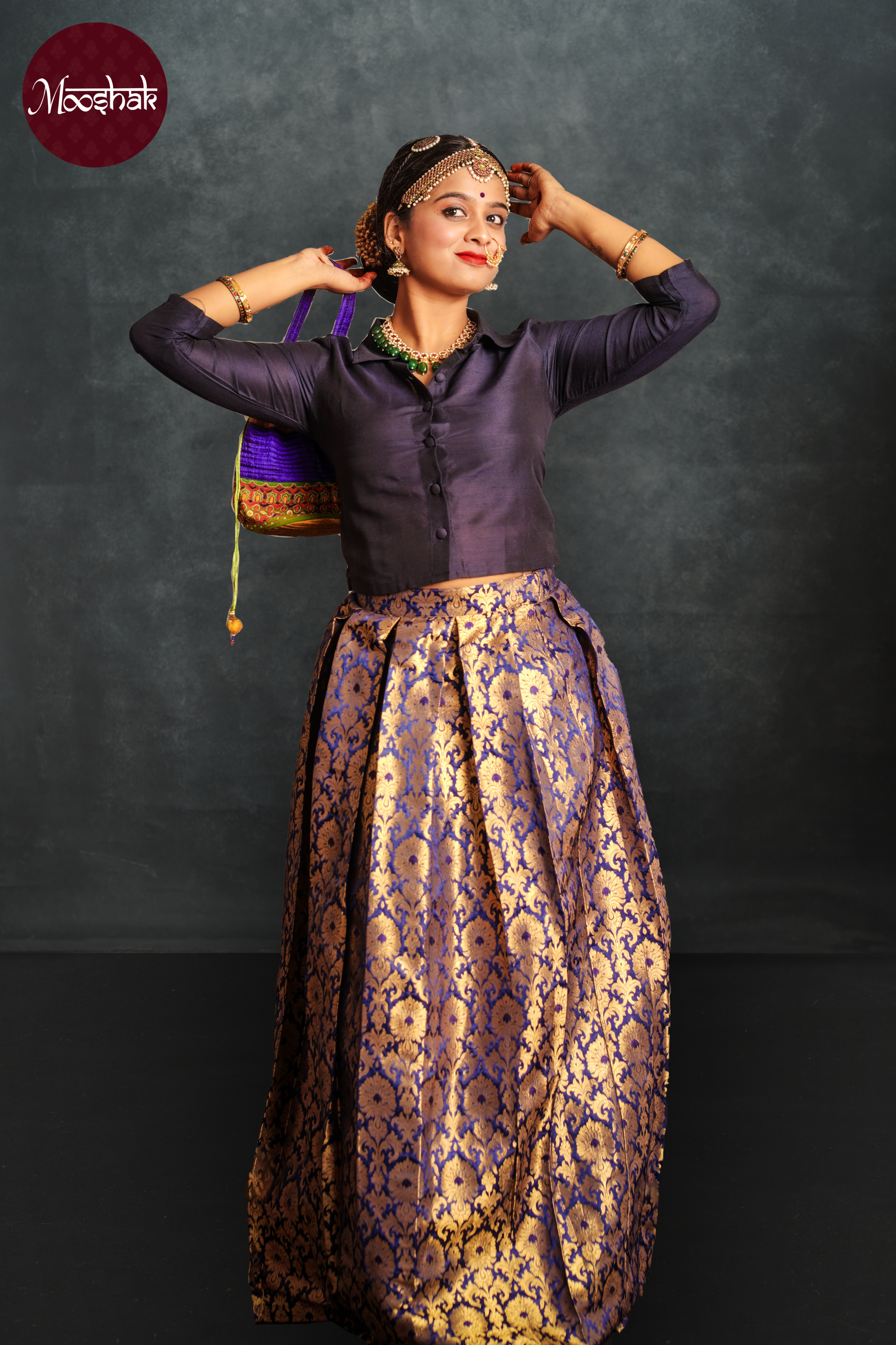 Nutan - Skirt and Top in Royal Blue brocade with gold zari work