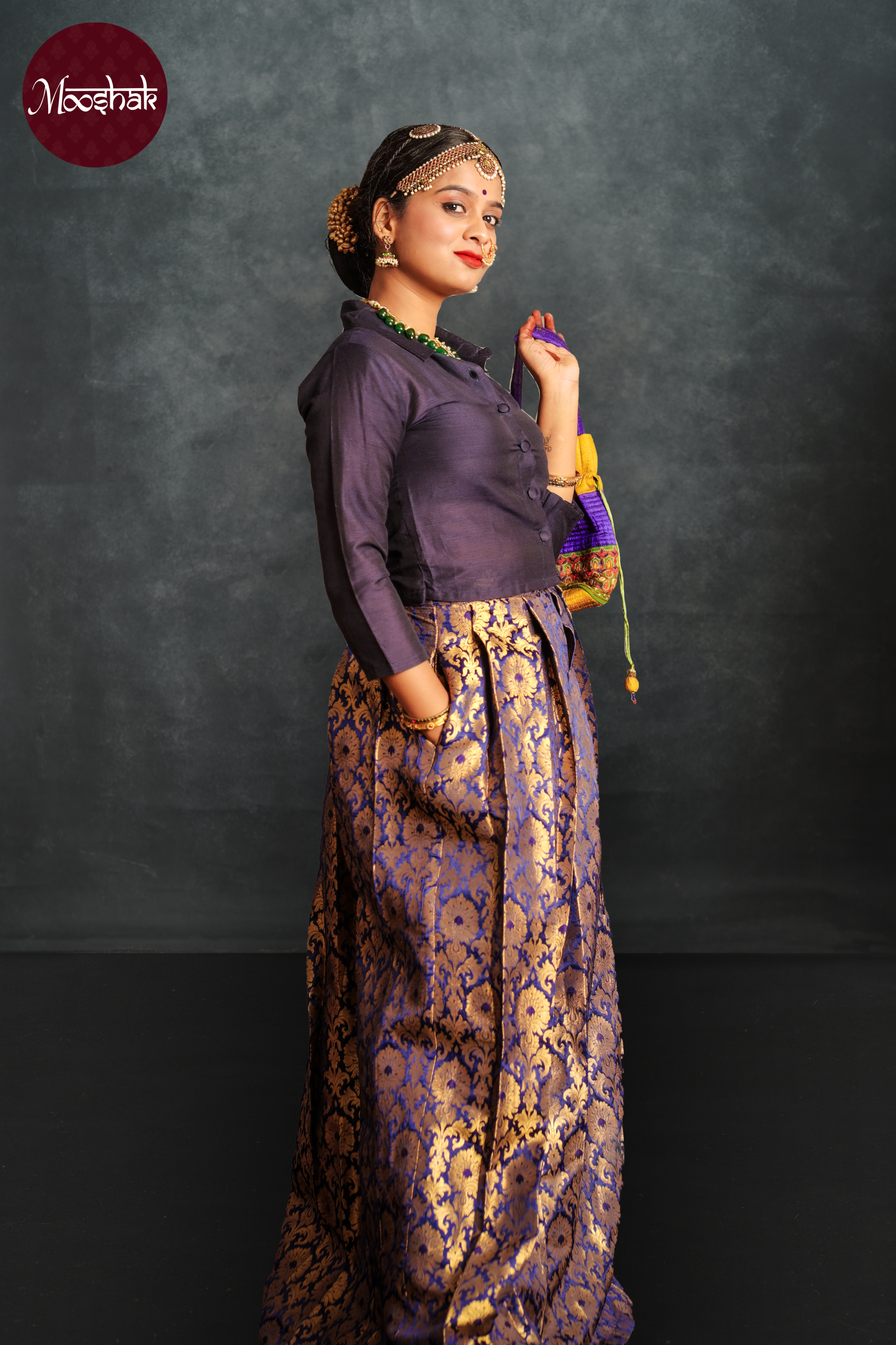 Nutan - Skirt and Top in Royal Blue brocade with gold zari work