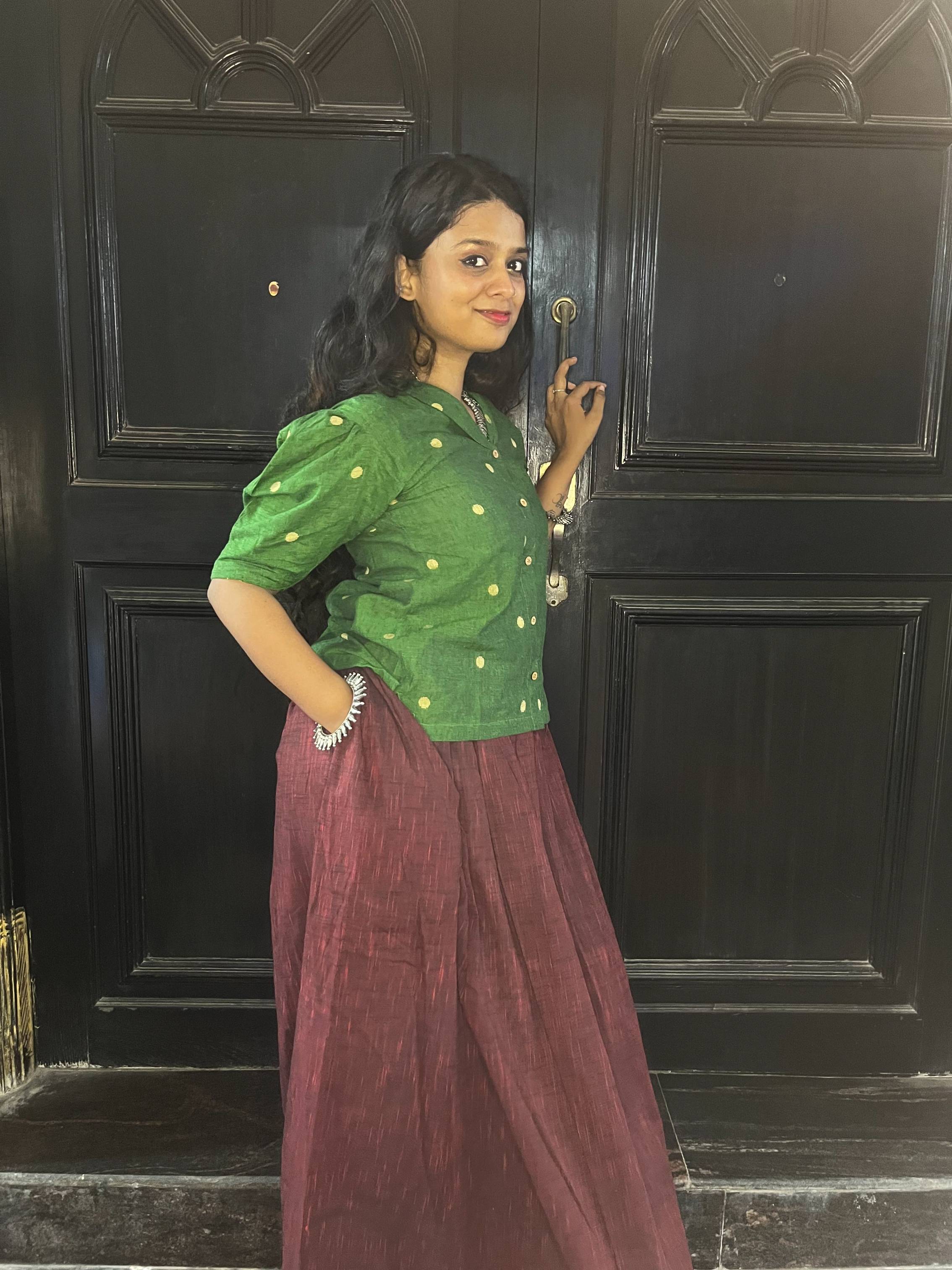 Nutan - Skirt and Top in Green and Maroon south cotton