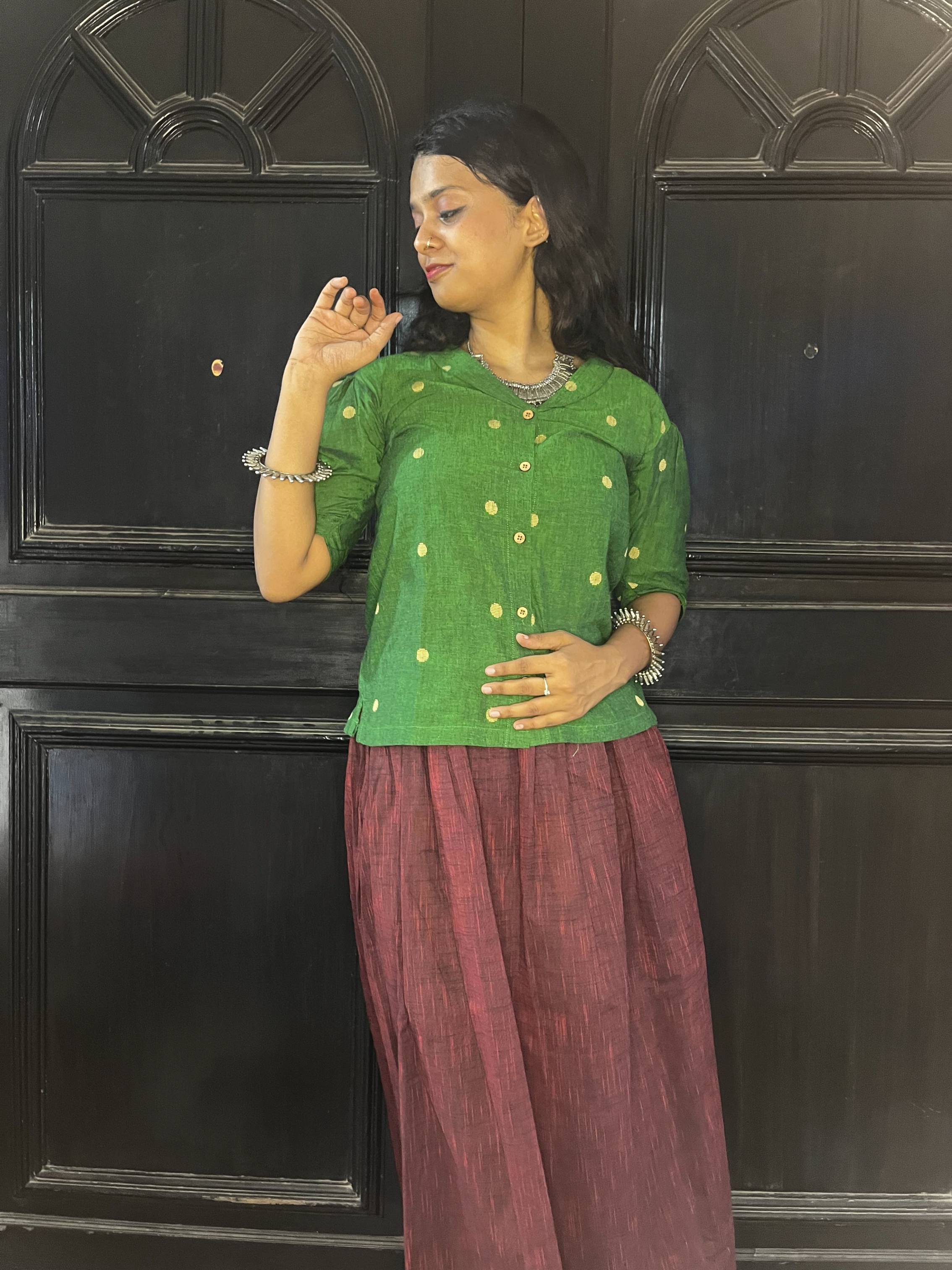 Nutan - Skirt and Top in Green and Maroon south cotton