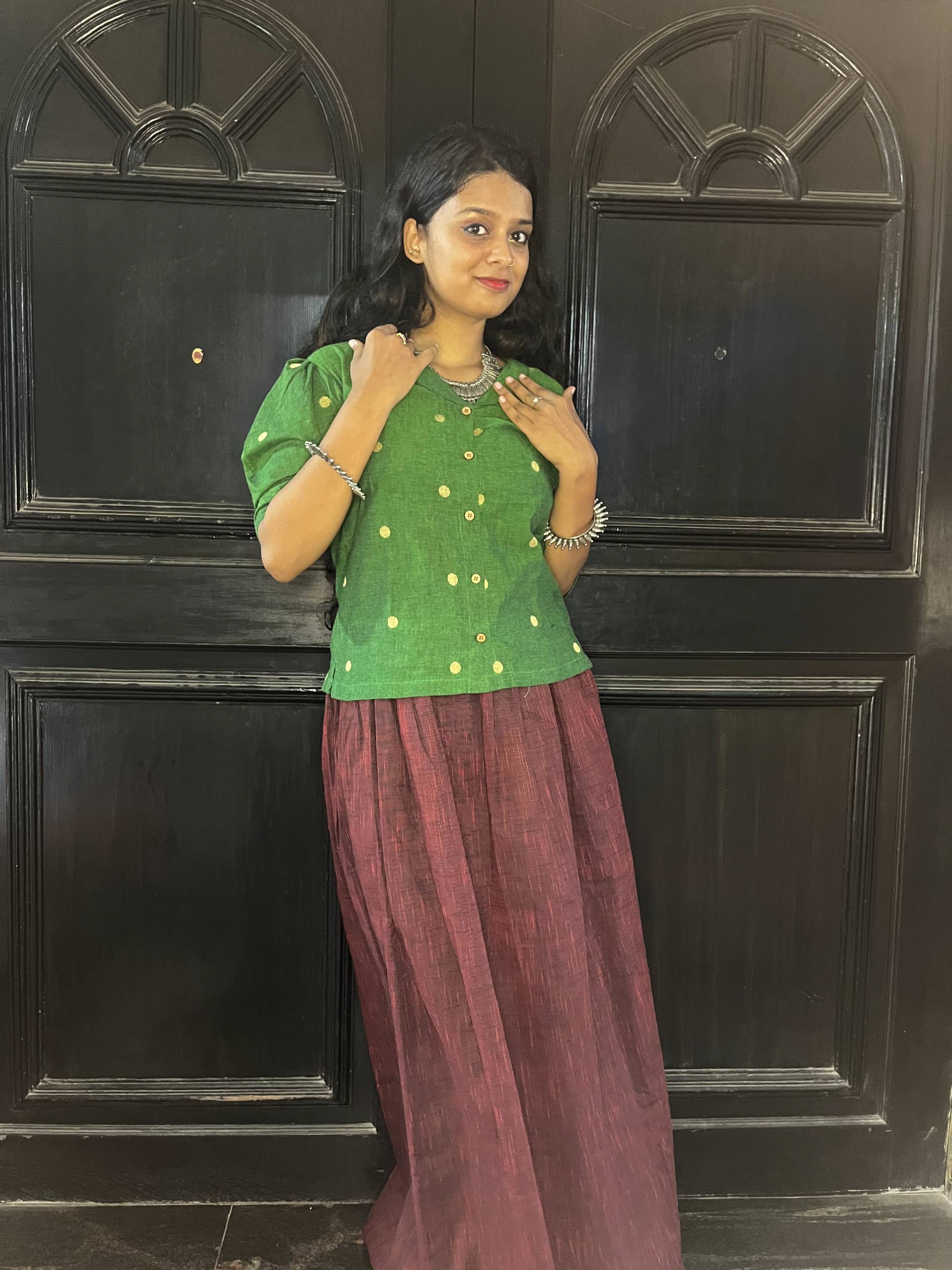Nutan - Skirt and Top in Green and Maroon south cotton