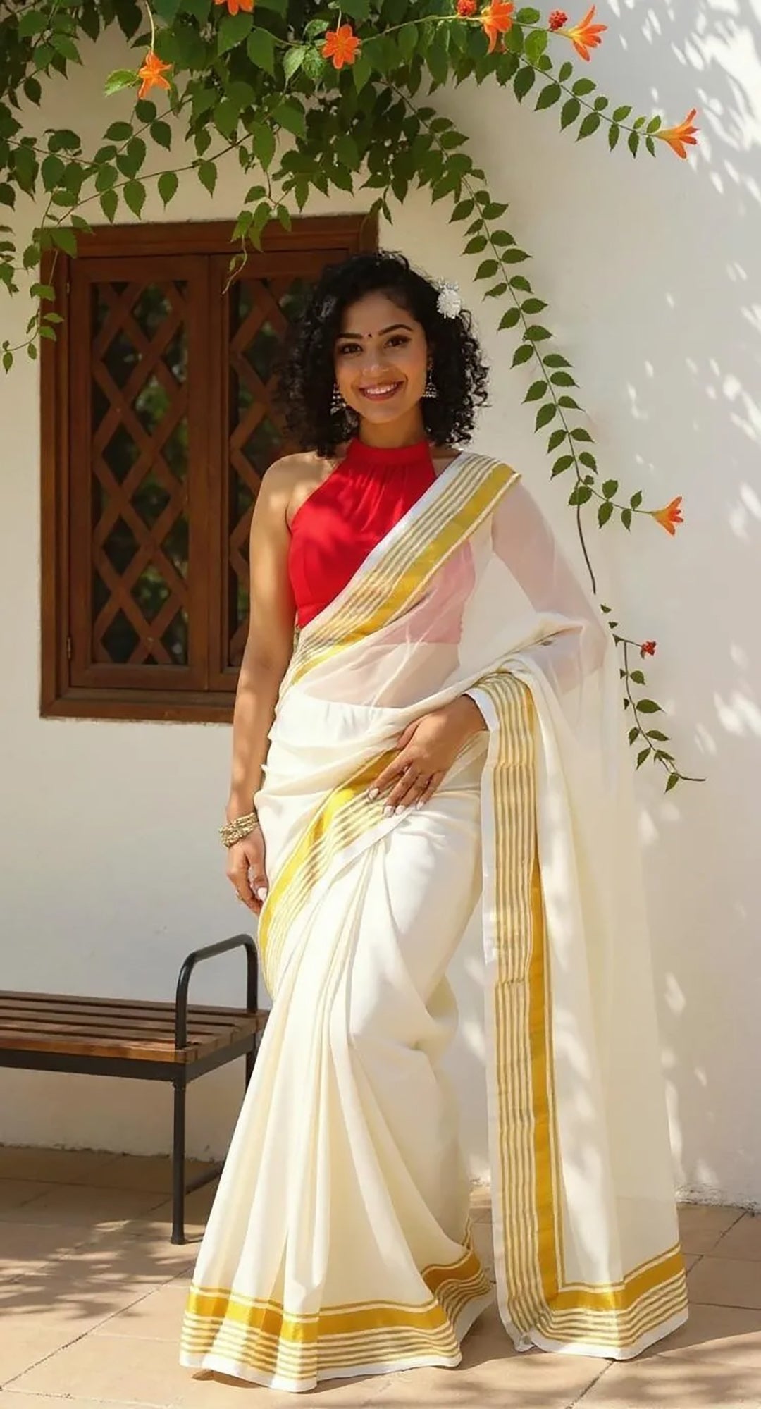 Aanchal - Saree (Unstitched) in White with Gold Border in Mul cotton fabric