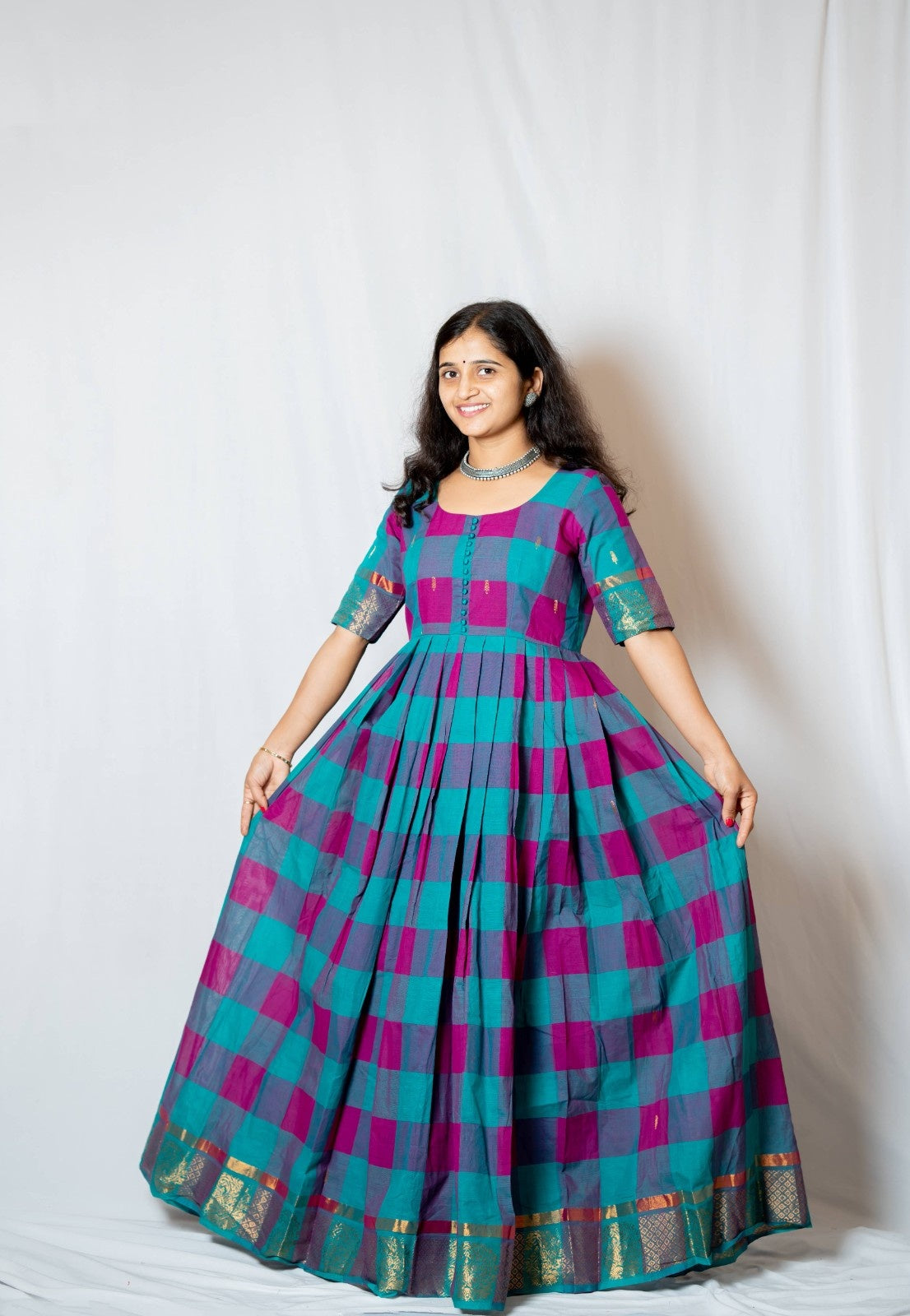 Kattam - Anarkali dress in chettinad cotton in Teal and Pink checks