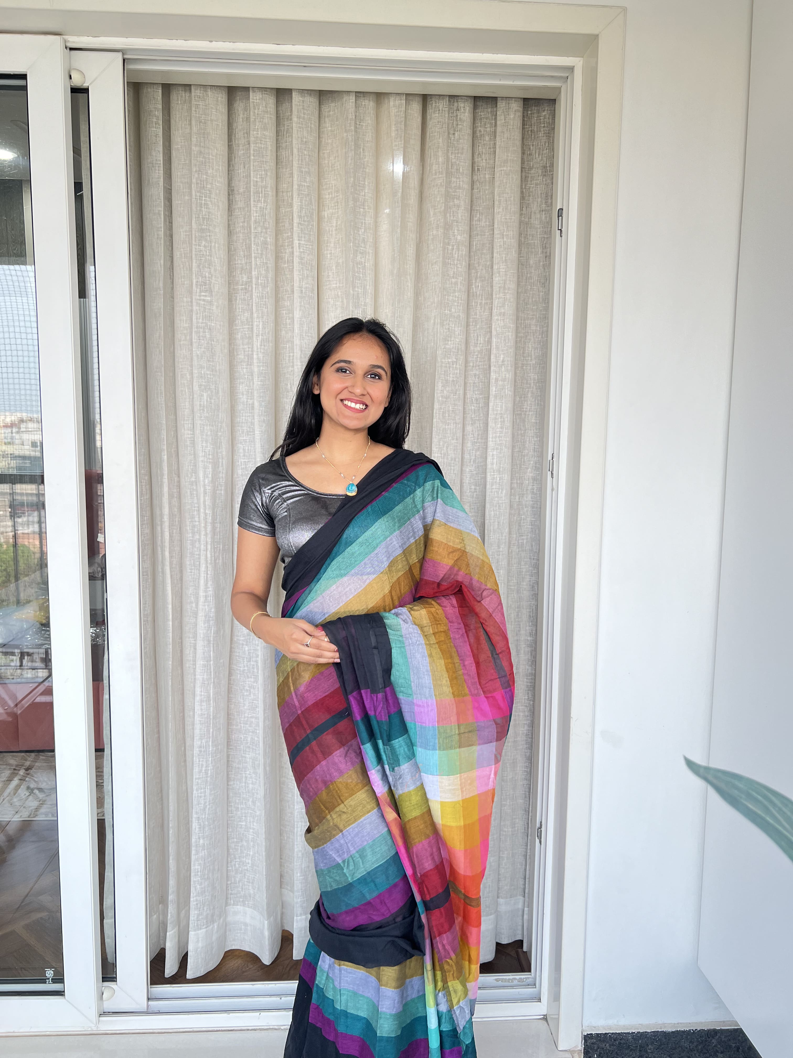 Aanchal - Saree (Unstitched) in Black with multicolor in Mul cotton fabric