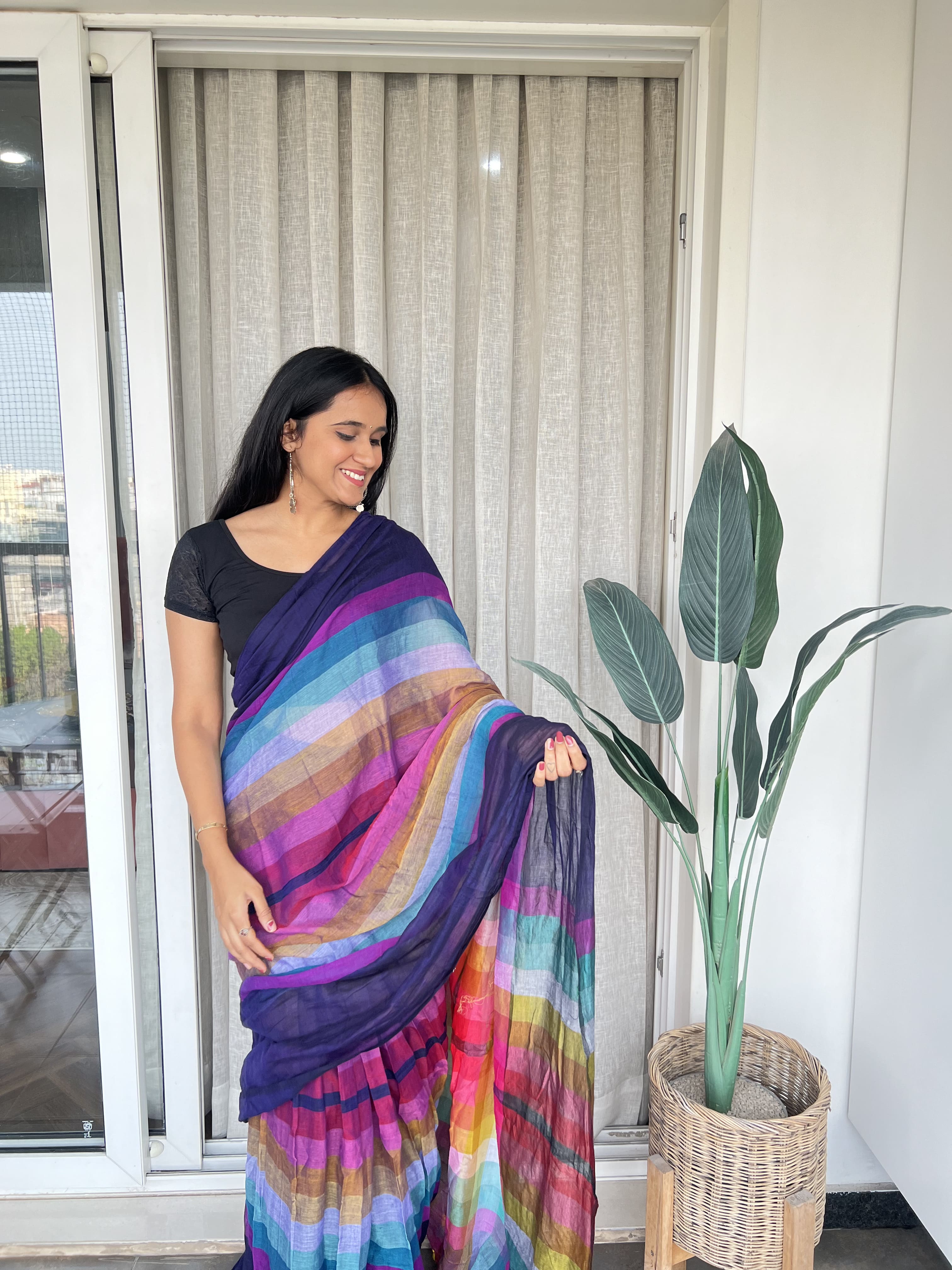 Aanchal - 1 minute Ready-to-wear saree in Blue with multicolor in Mul cotton fabric