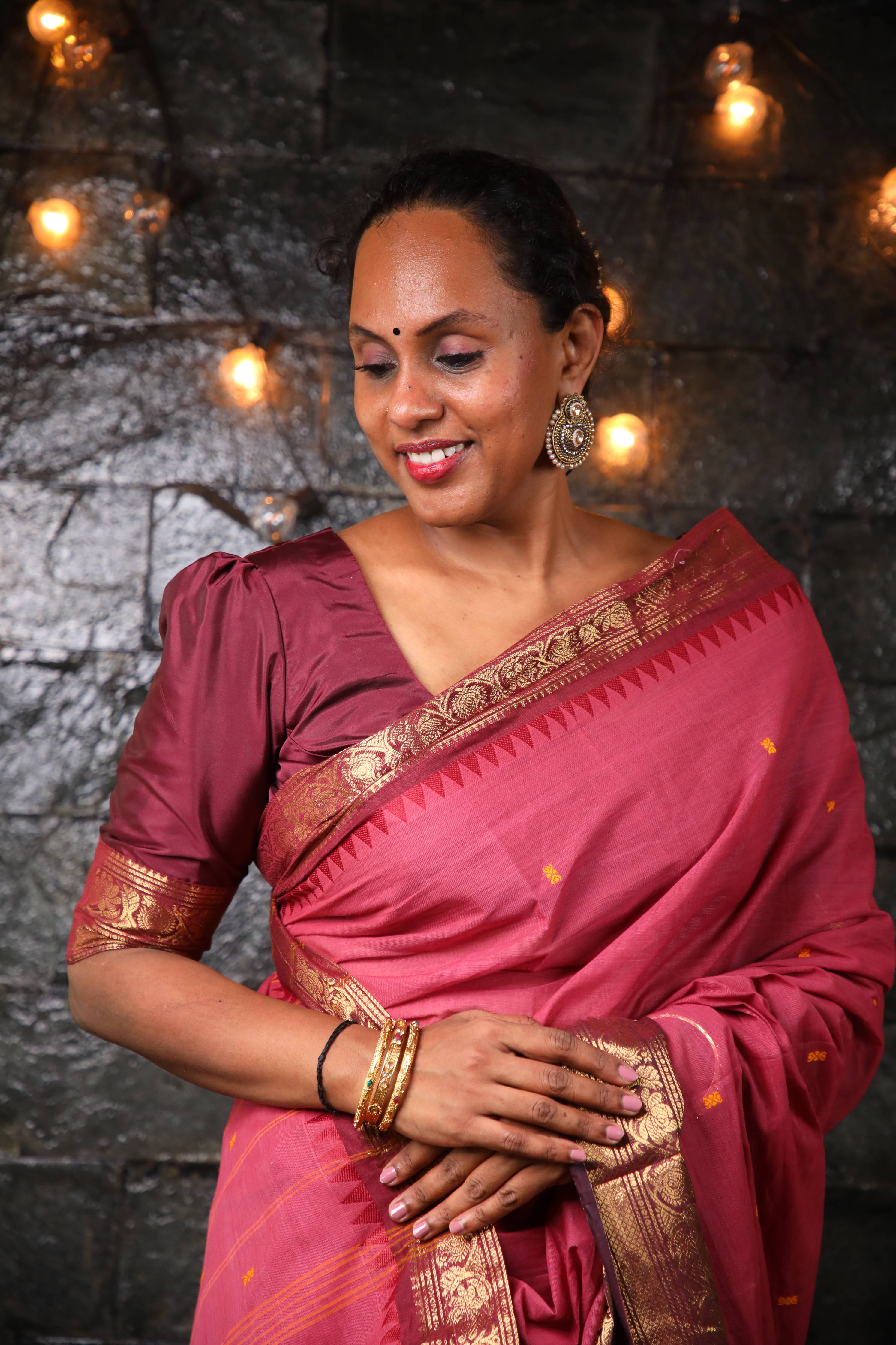 Varnam - 1 minute Ready-to-wear saree in Onion Pink color in Kanchi Cotton