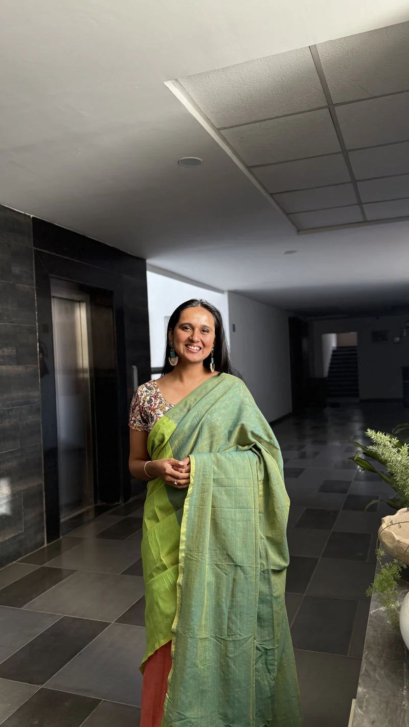 Aanchal - Saree (Unstitched) in Forest hues in Khadi fabric