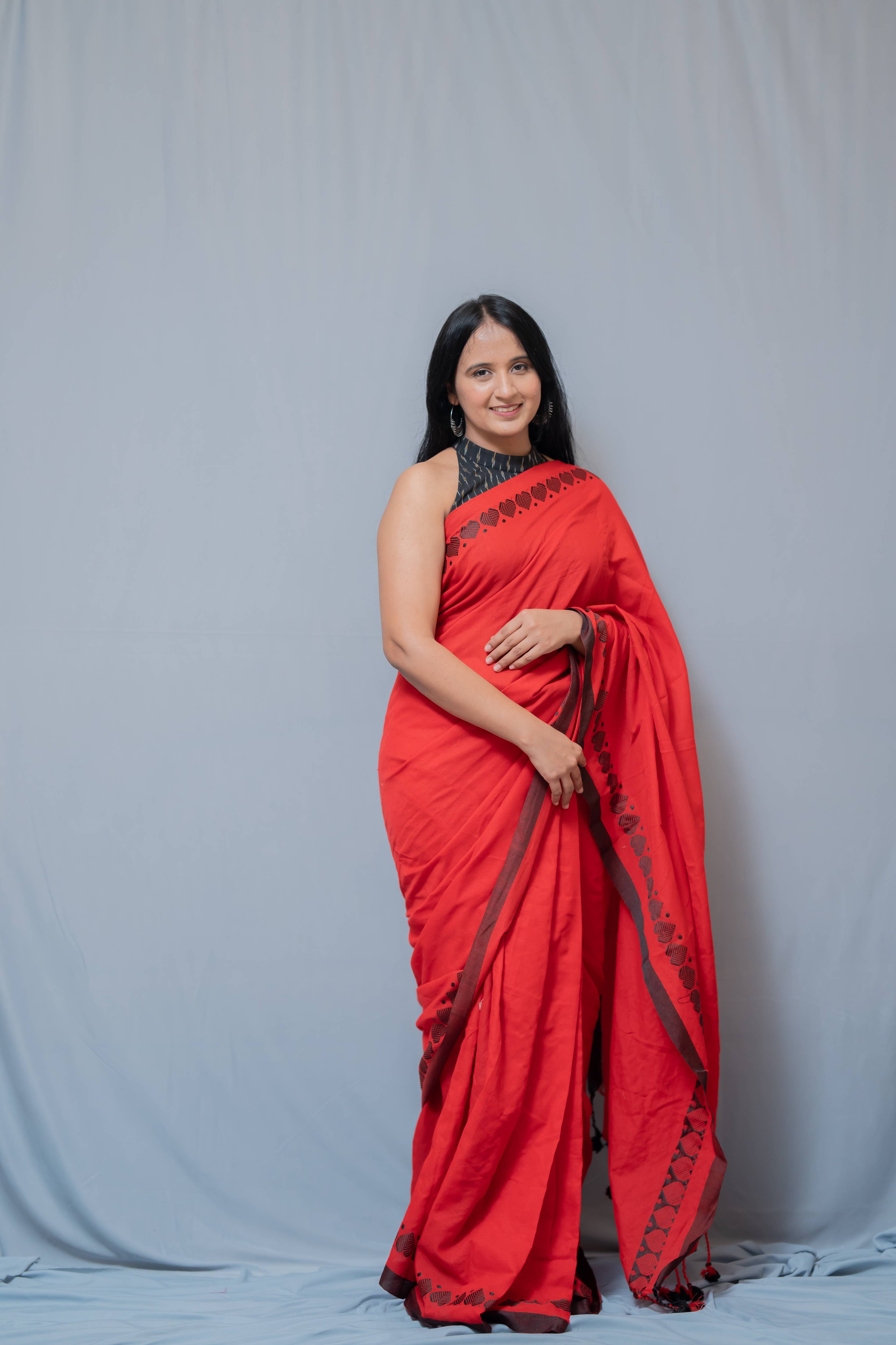 Aanchal - Saree (Unstitched) in Red heart Khadi fabric