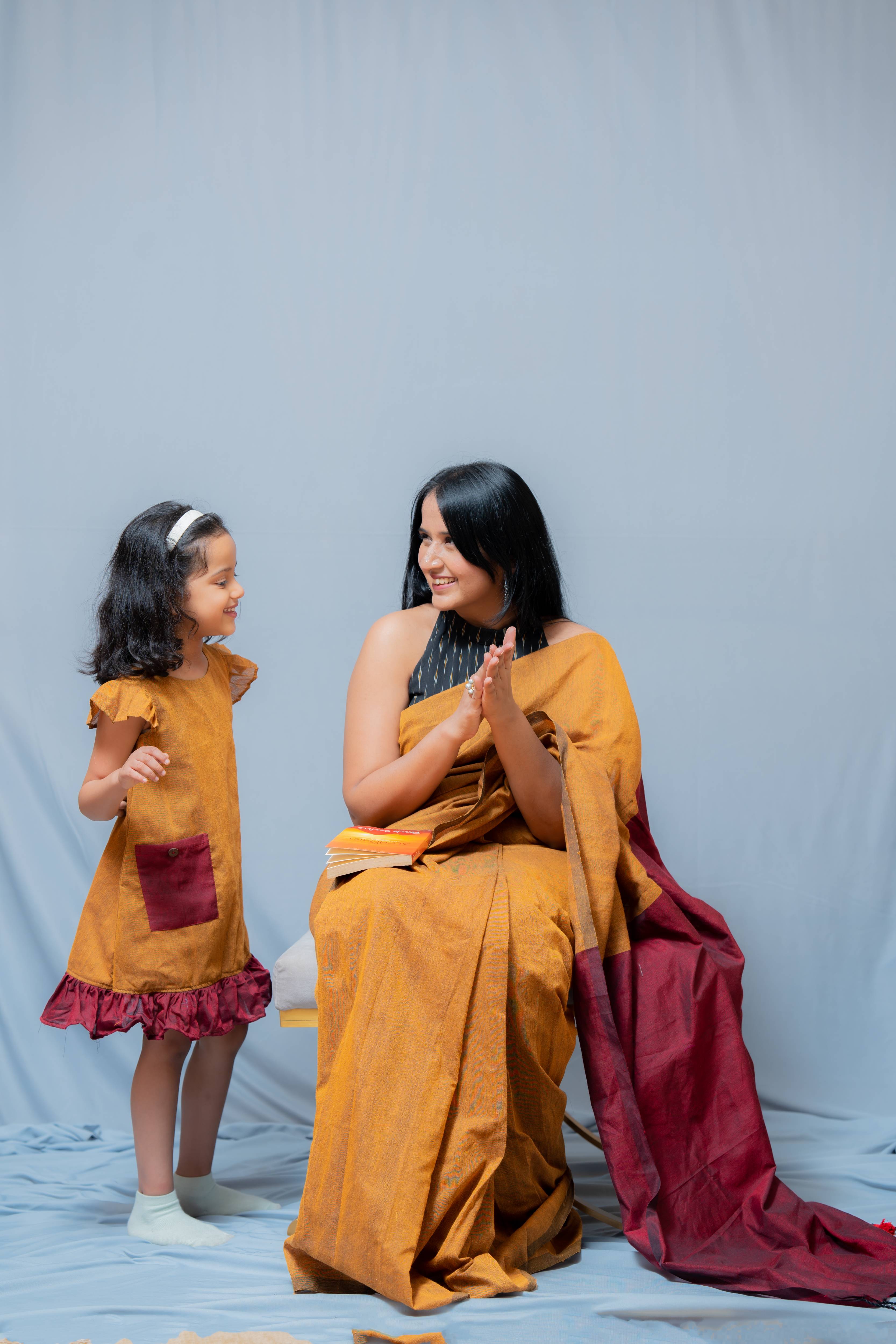 Aanchal - 1 minute Ready-to-wear saree in mustard with red in Khadi fabric