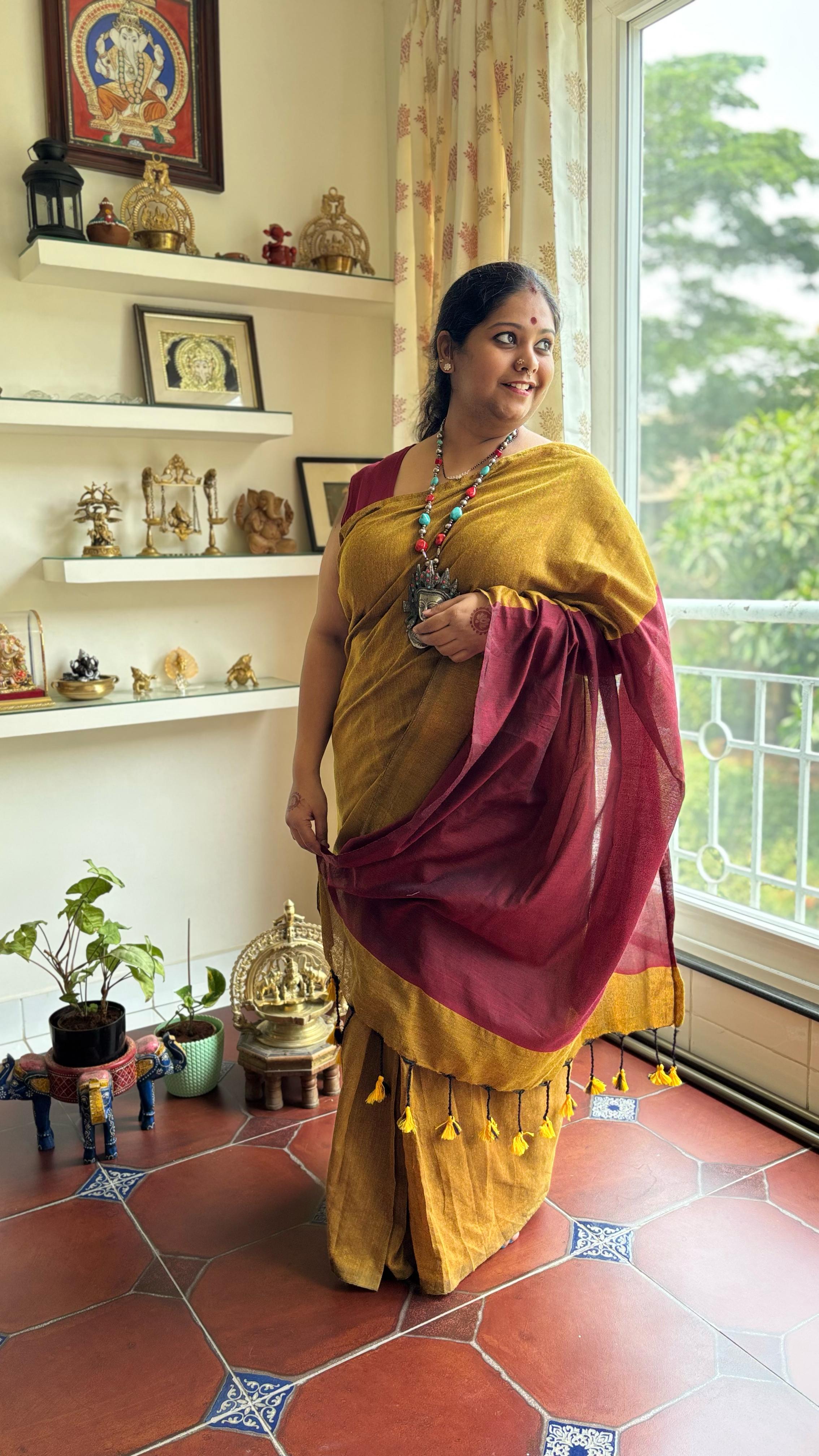 Aanchal - 1 minute Ready-to-wear saree in mustard with red in Khadi fabric
