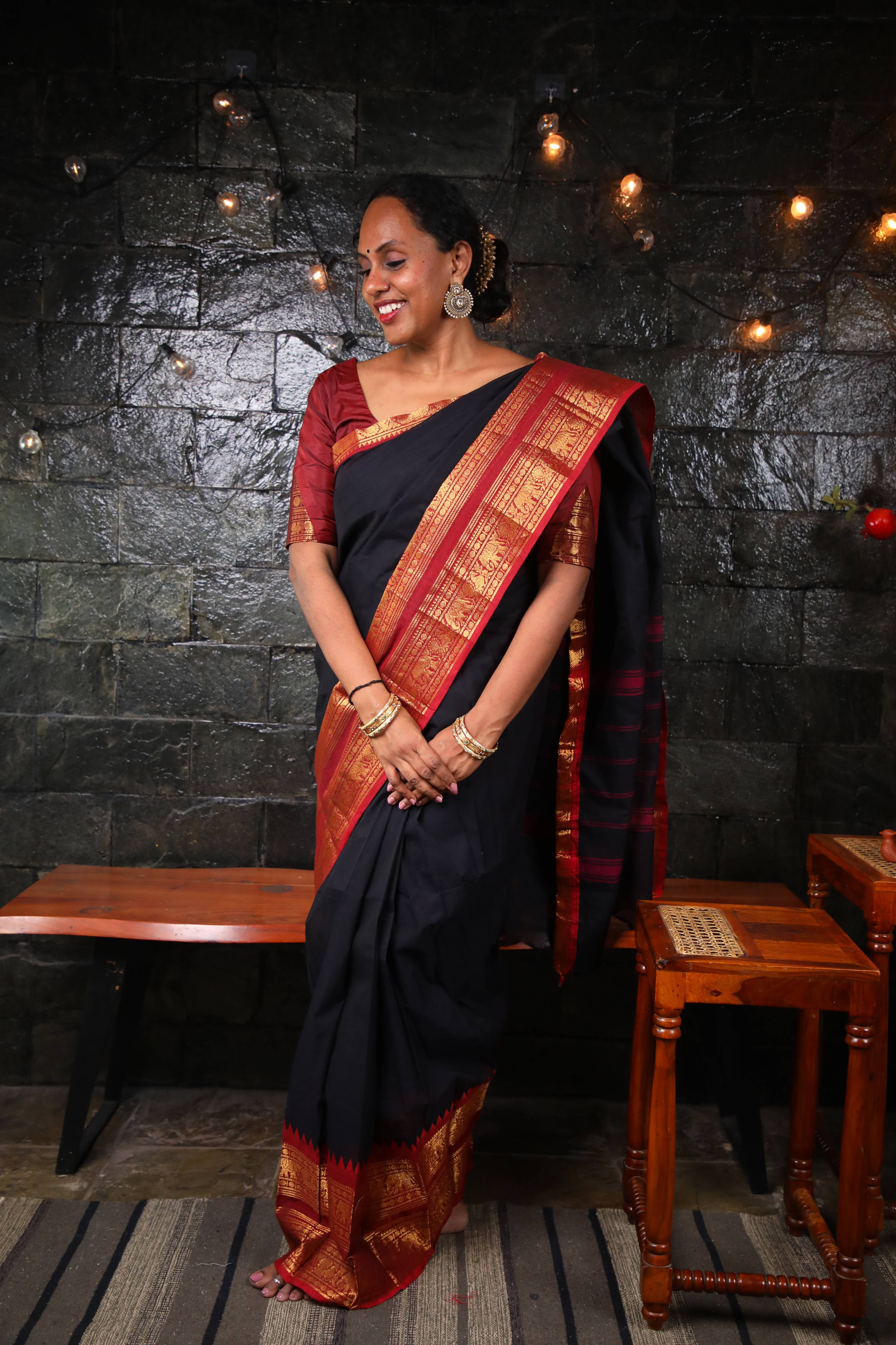 Varnam - Saree (Unstitched) in Black in Kanchi Cotton