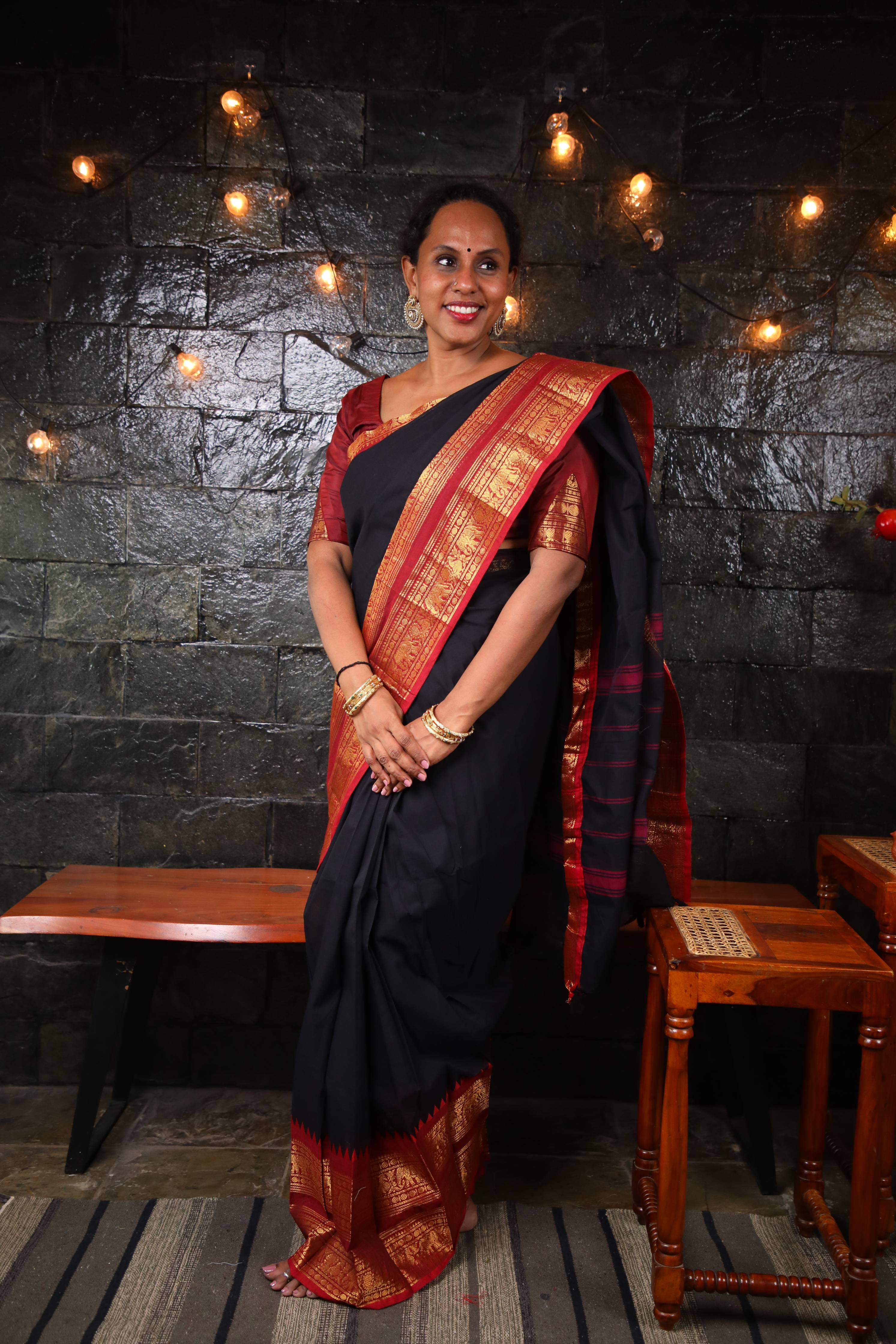 Varnam - Saree (Unstitched) in Black in Kanchi Cotton