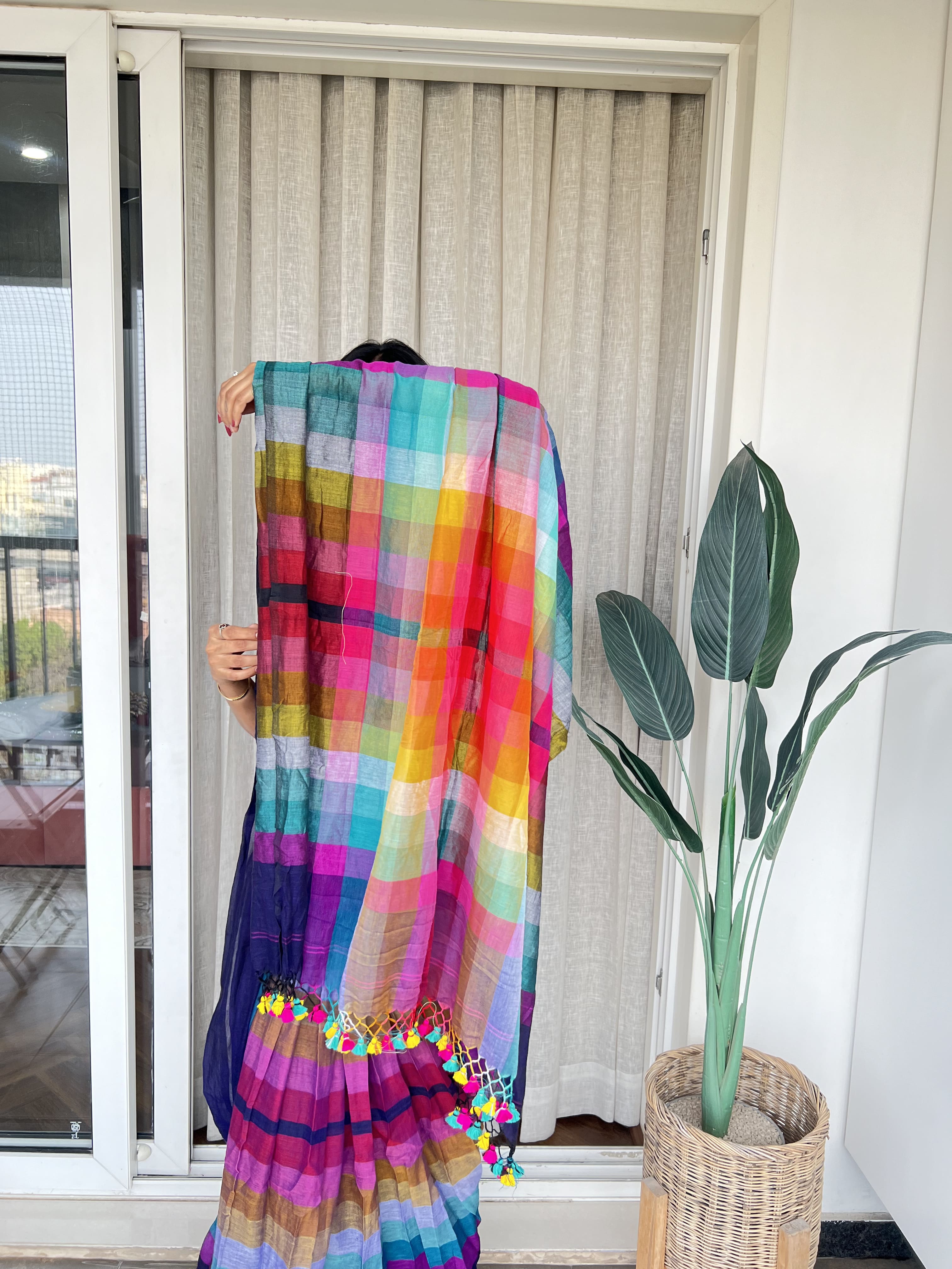 Aanchal - Saree (Unstitched) in Blue with multicolor in Mul cotton fabric