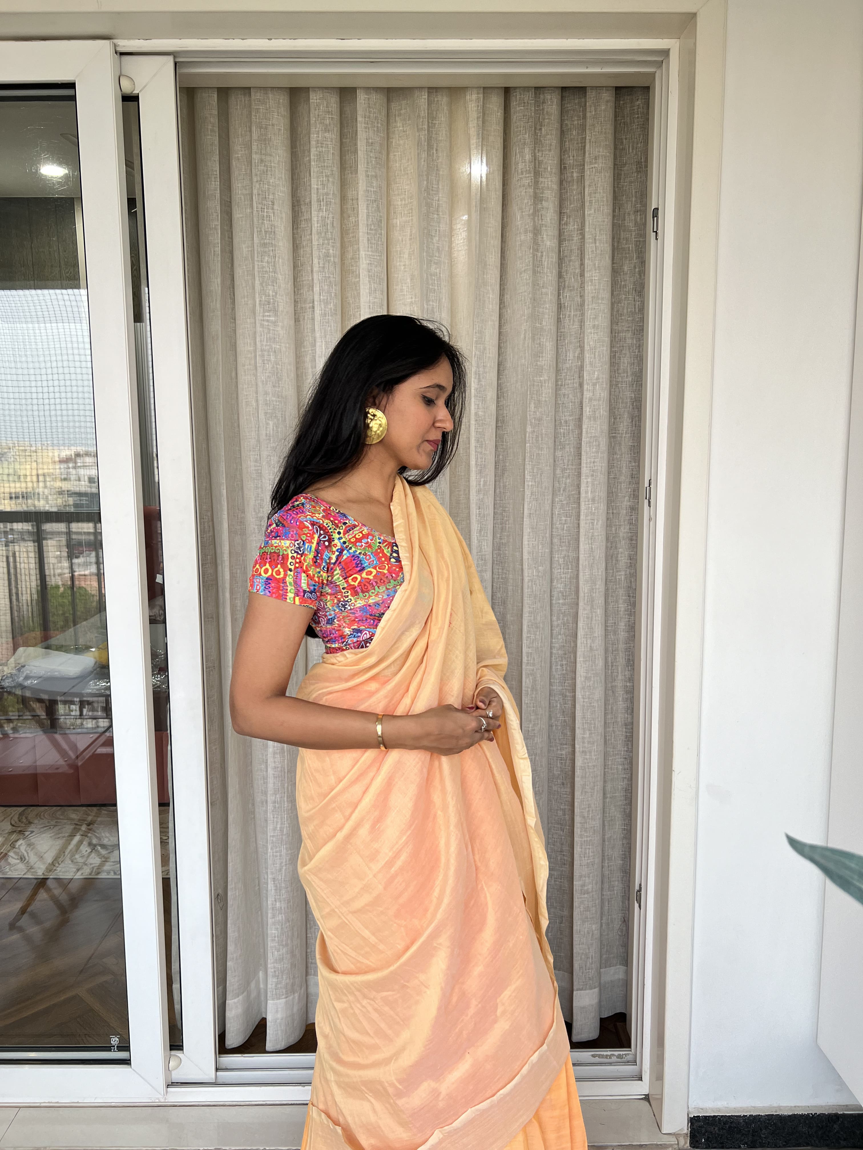 Aanchal - 1 minute Ready-to-wear saree in Peach in Khadi fabric