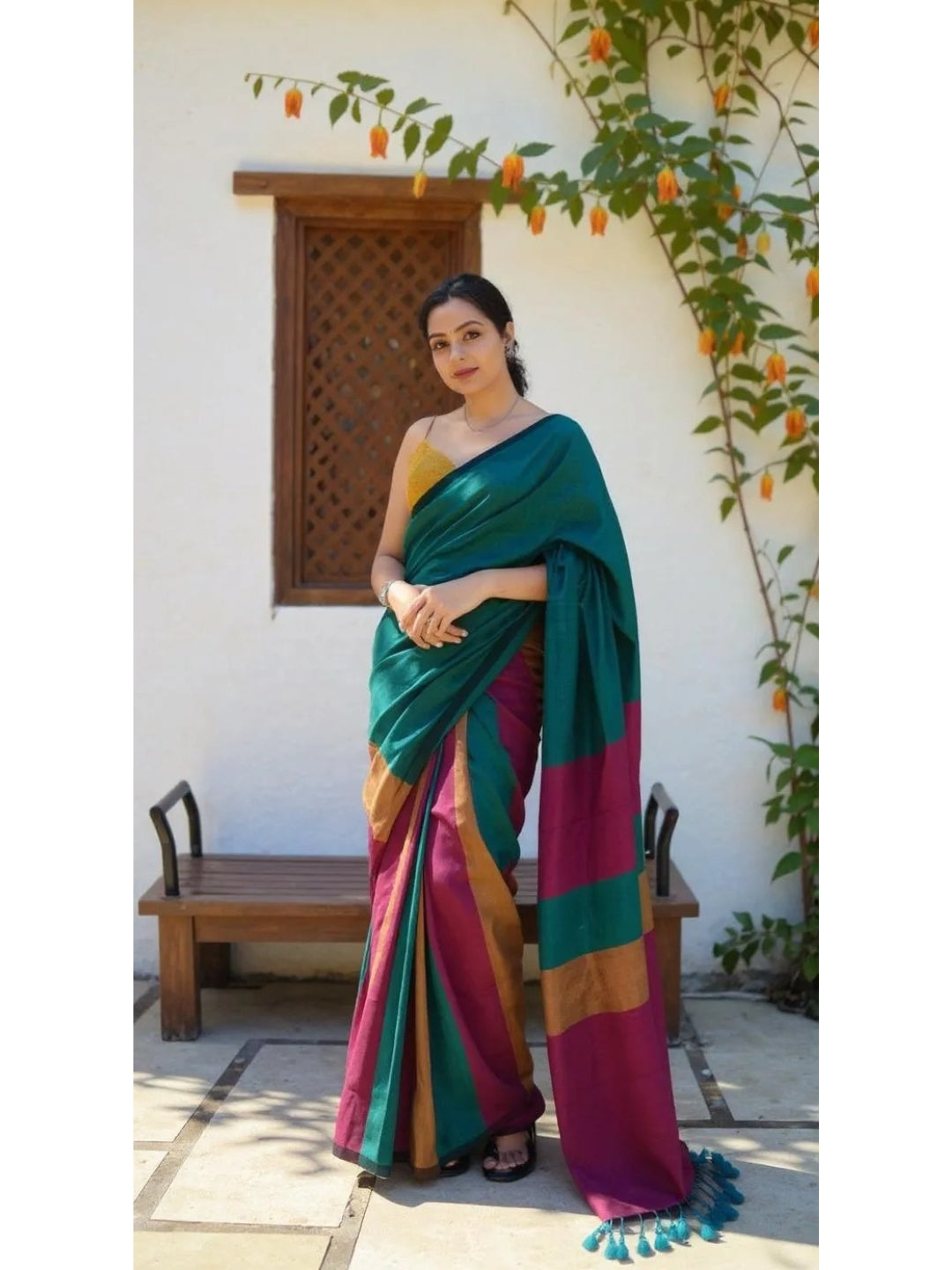 Aanchal - 1 minute Ready-to-wear saree in Teal with multicolor in Khadi fabric
