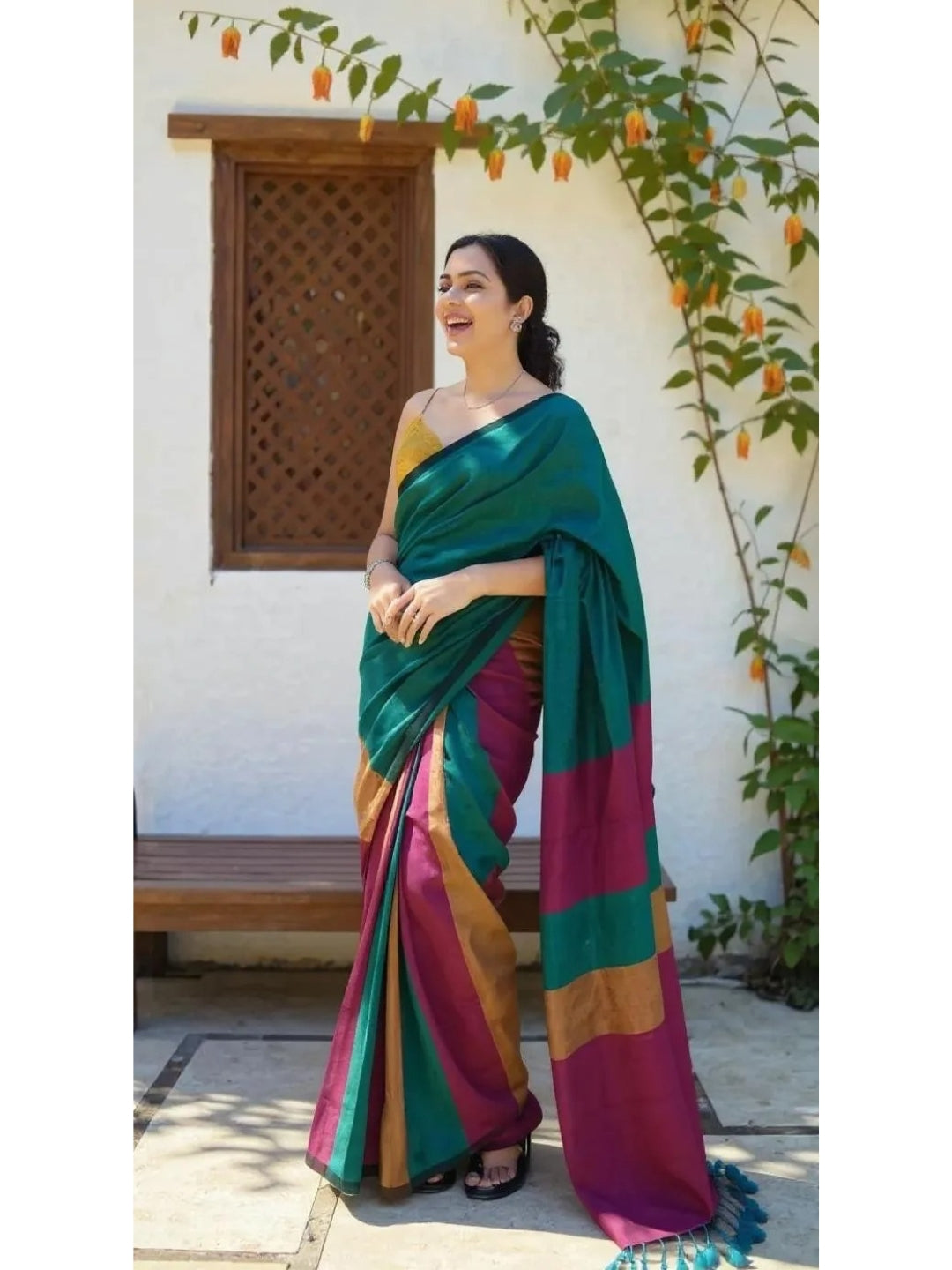 Aanchal - 1 minute Ready-to-wear saree in Teal with multicolor in Khadi fabric