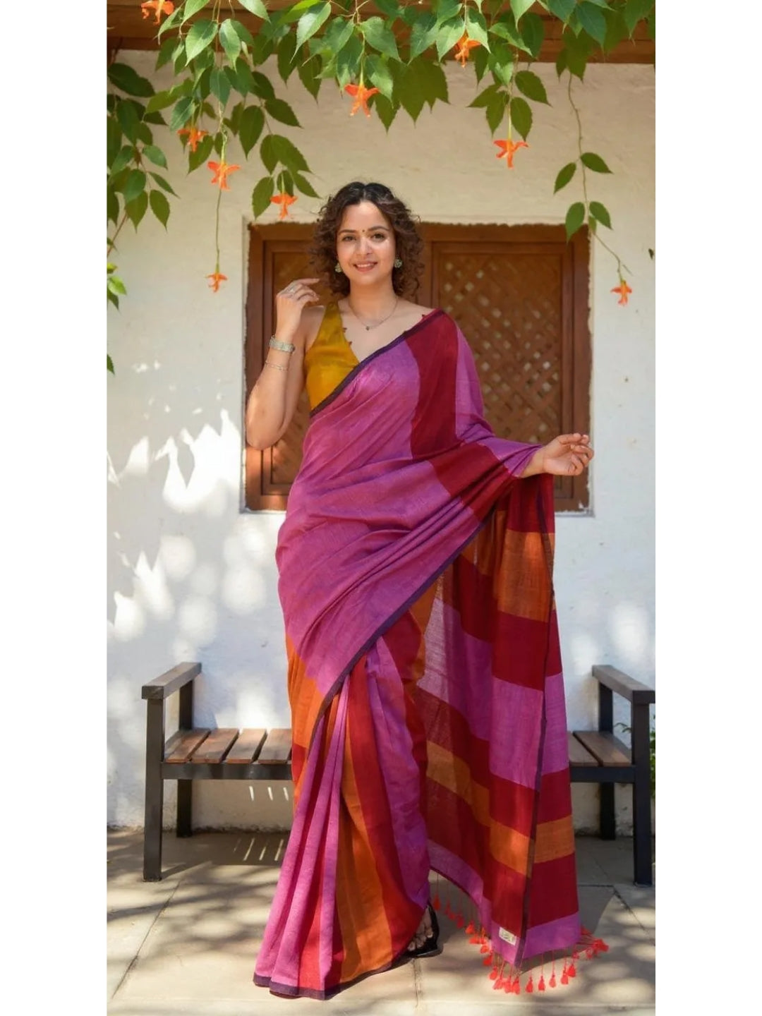 Aanchal - 1 minute Ready-to-wear saree in Pink with multicolor in Khadi fabric