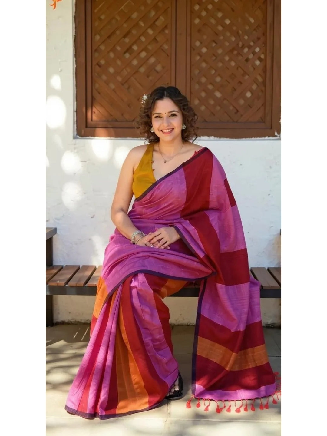 Aanchal - 1 minute Ready-to-wear saree in Pink with multicolor in Khadi fabric