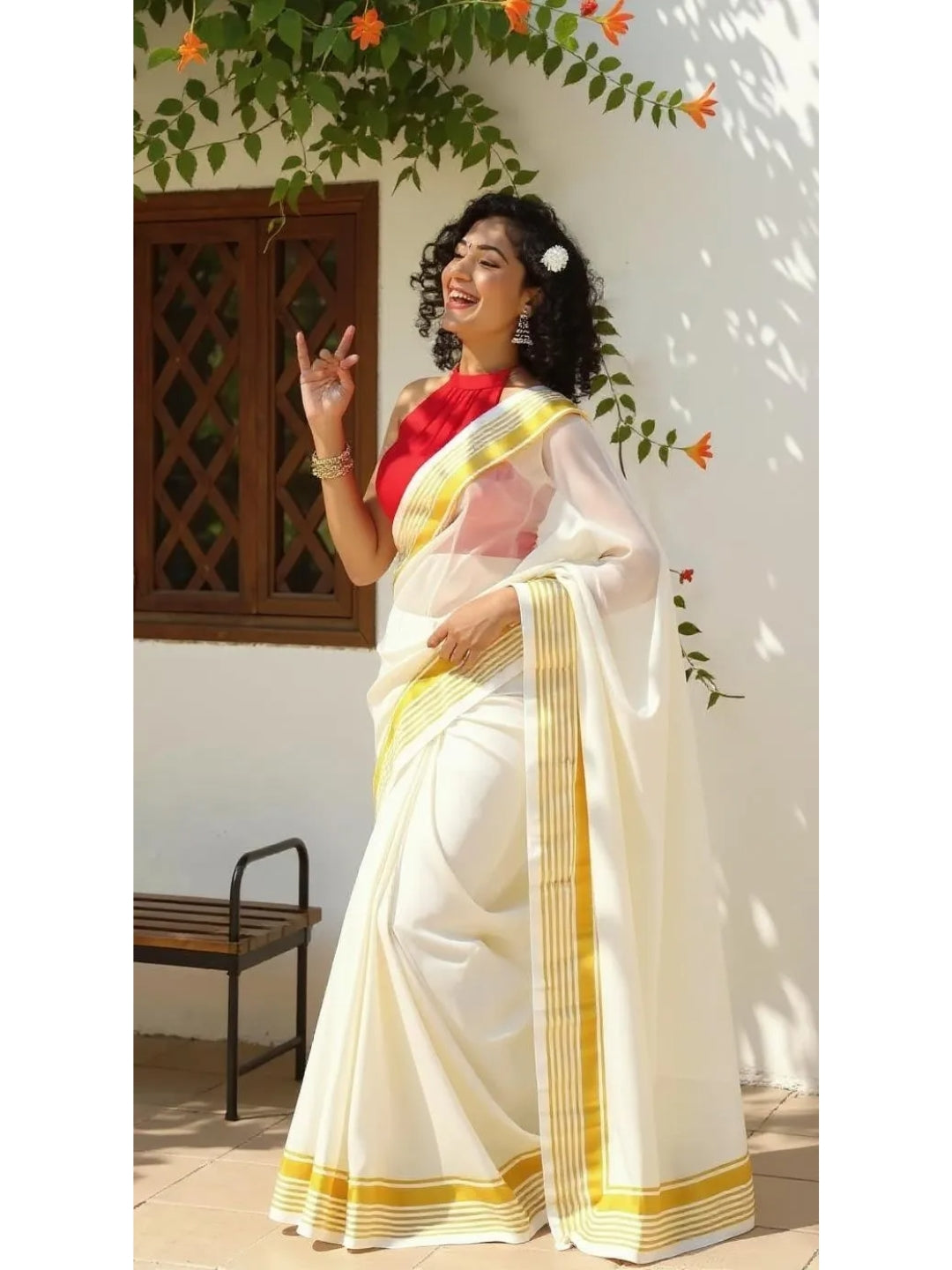Aanchal - 1 minute Ready-to-wear saree in White with gold border in Mul cotton