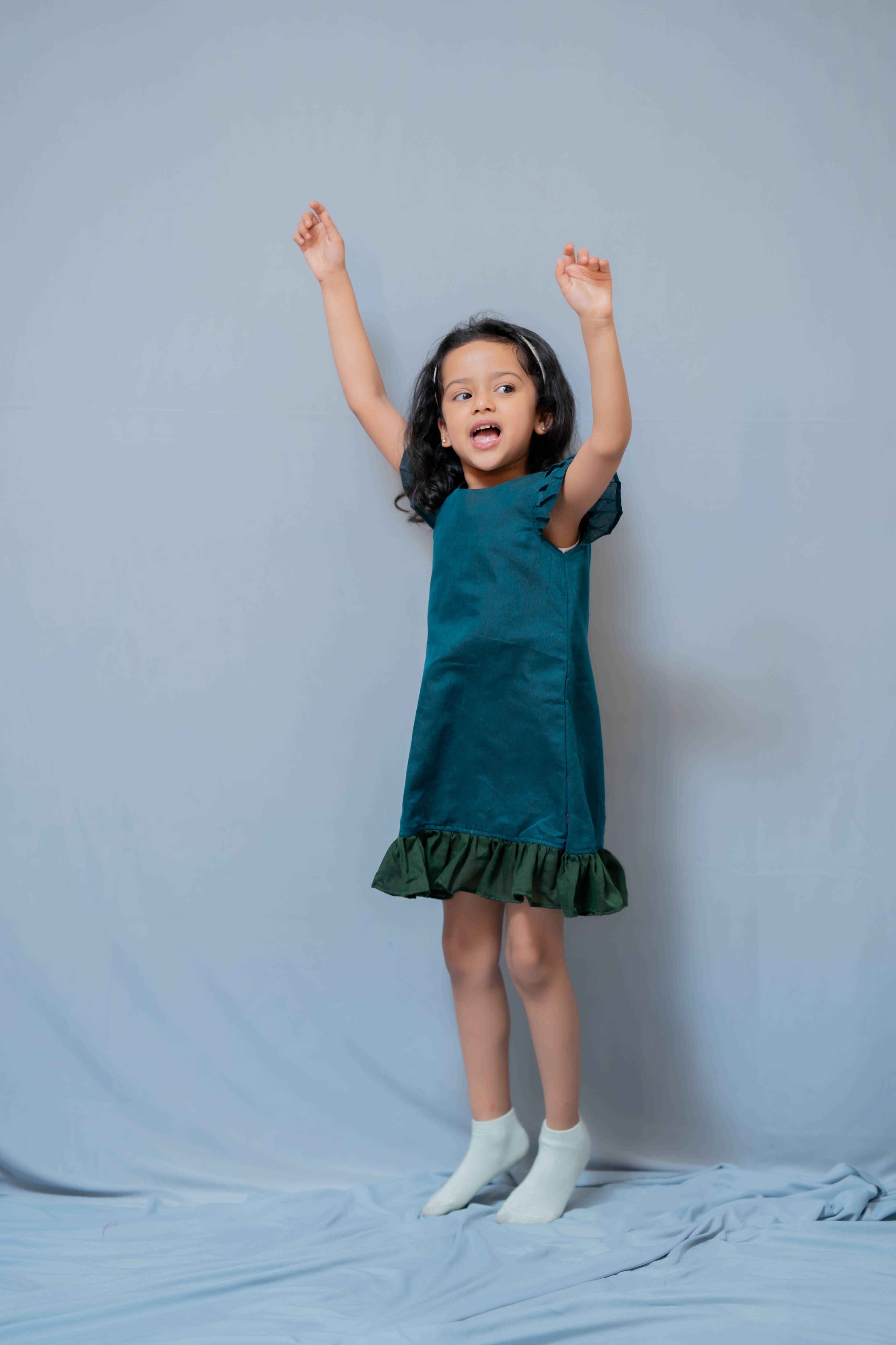 Ritu - Frill-frock in Teal with green in Khadi fabric