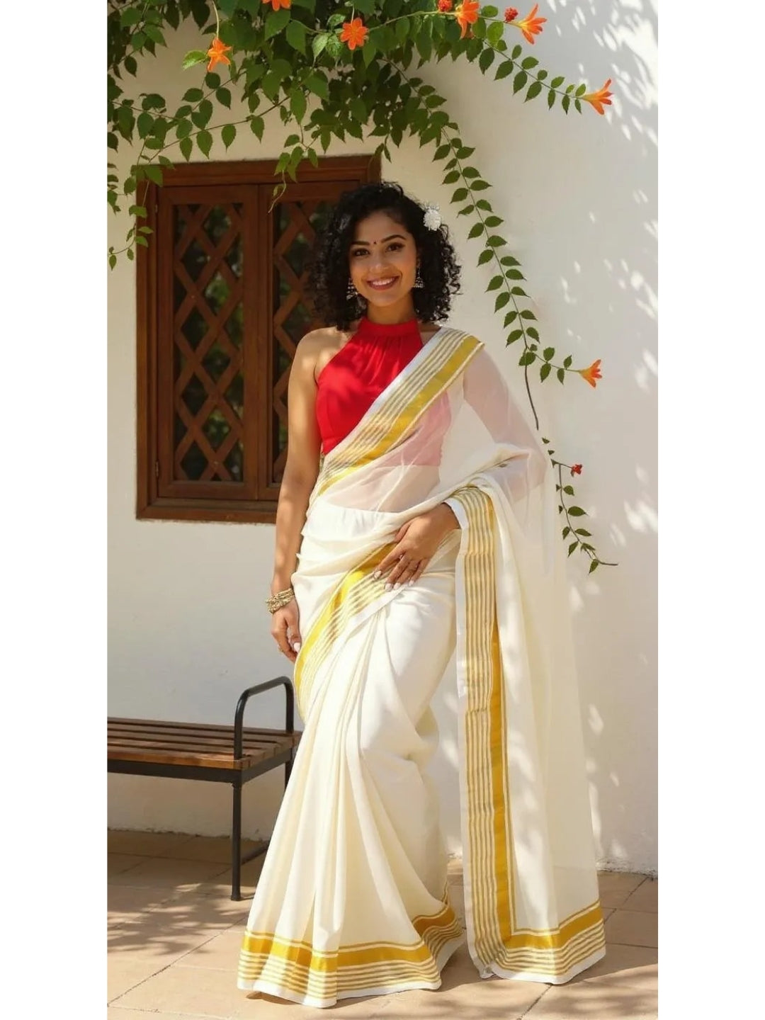 Aanchal - 1 minute Ready-to-wear saree in White with gold border in Mul cotton
