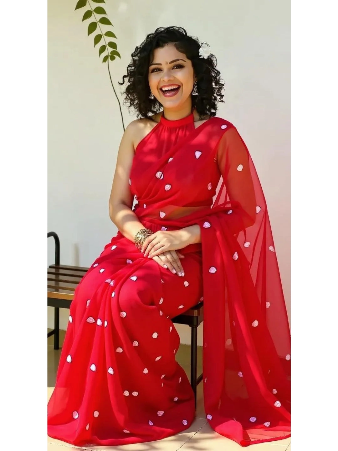 Aanchal - 1 minute Ready-to-wear saree in Red heart in Mul cotton