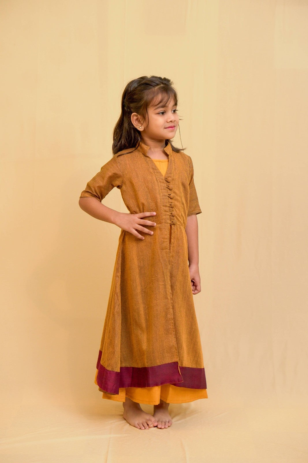 Dhwani - 2 in 1 dress with overcoat in Khadi cotton in mustard