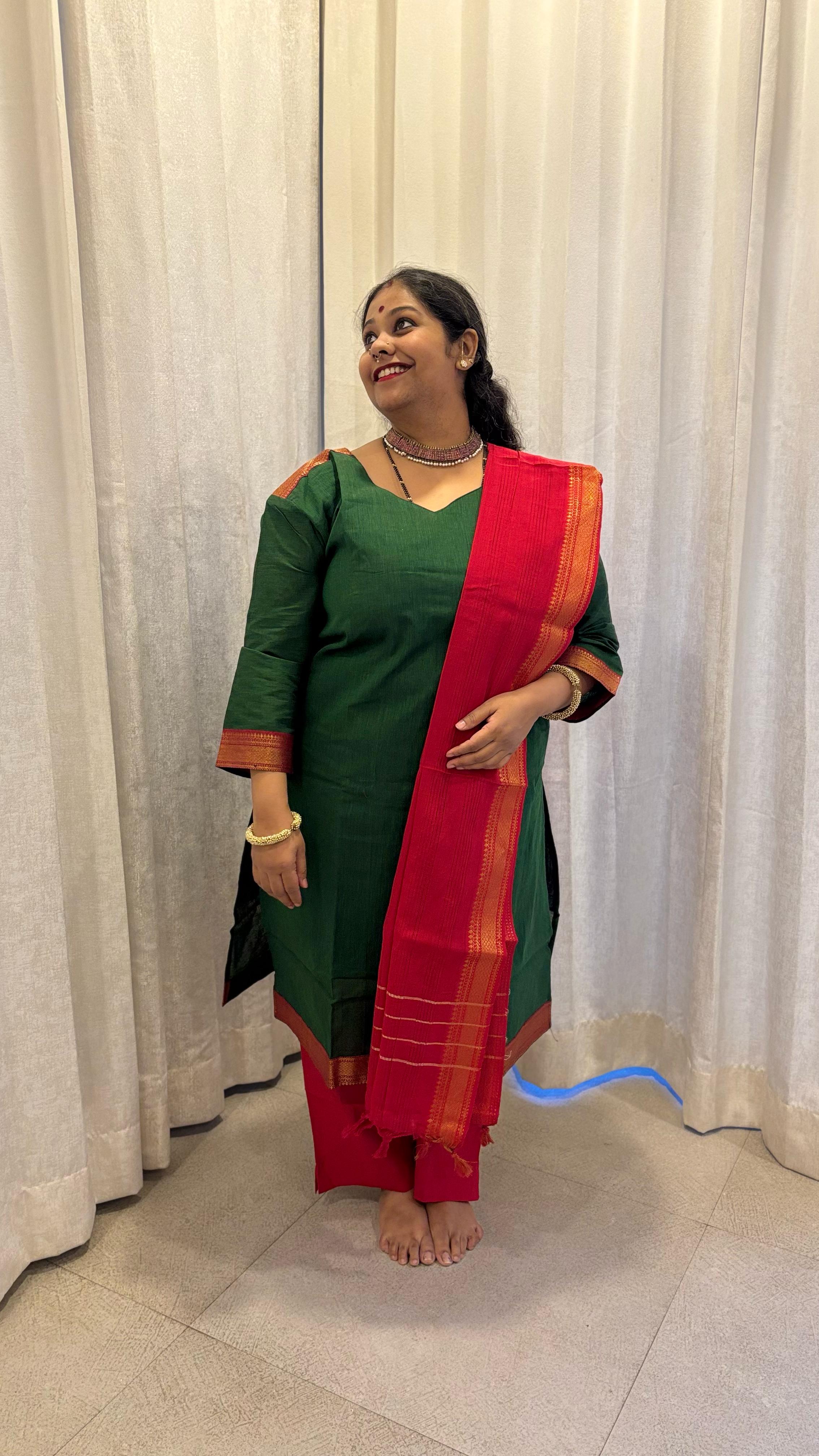 Maya - Kurti Set in Mangalagiri cotton in Green Color