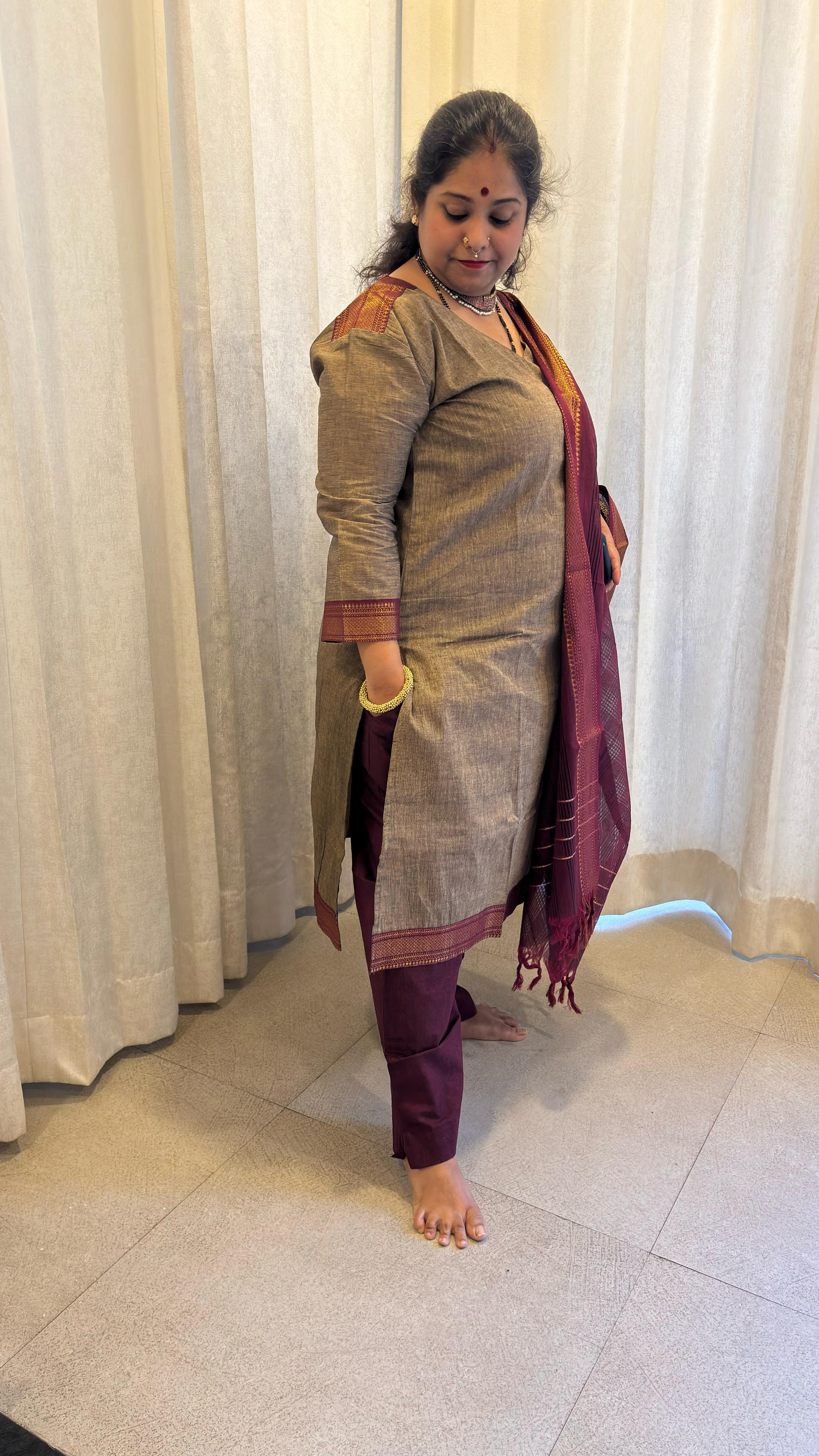 Maya - Kurti Set in Mangalagiri cotton in Beige Color