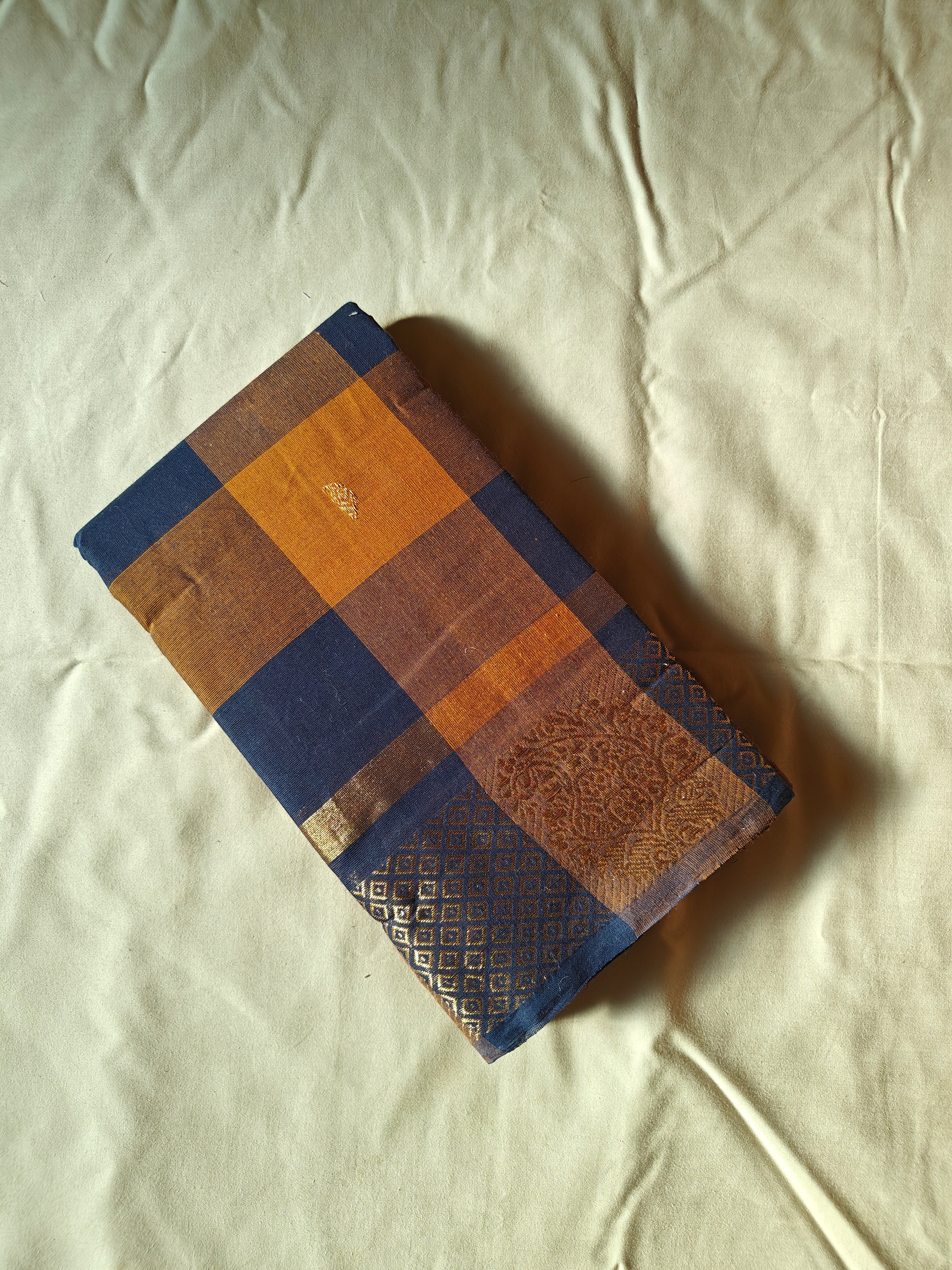 Kattam - 1 minute Ready-to-wear saree in Chettinad cotton in Brown and mustard checks