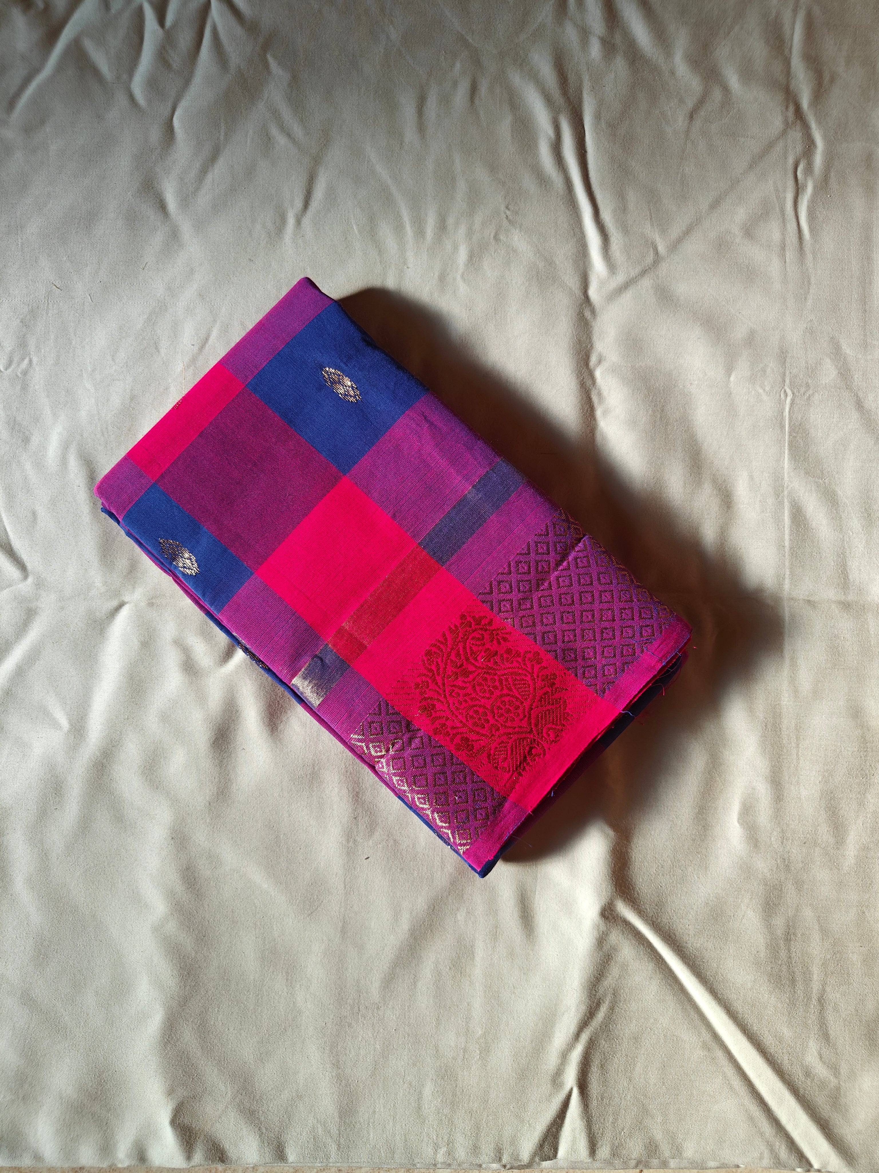 Kattam - 1 minute Ready-to-wear saree in Chettinad cotton in Pink and blue checks