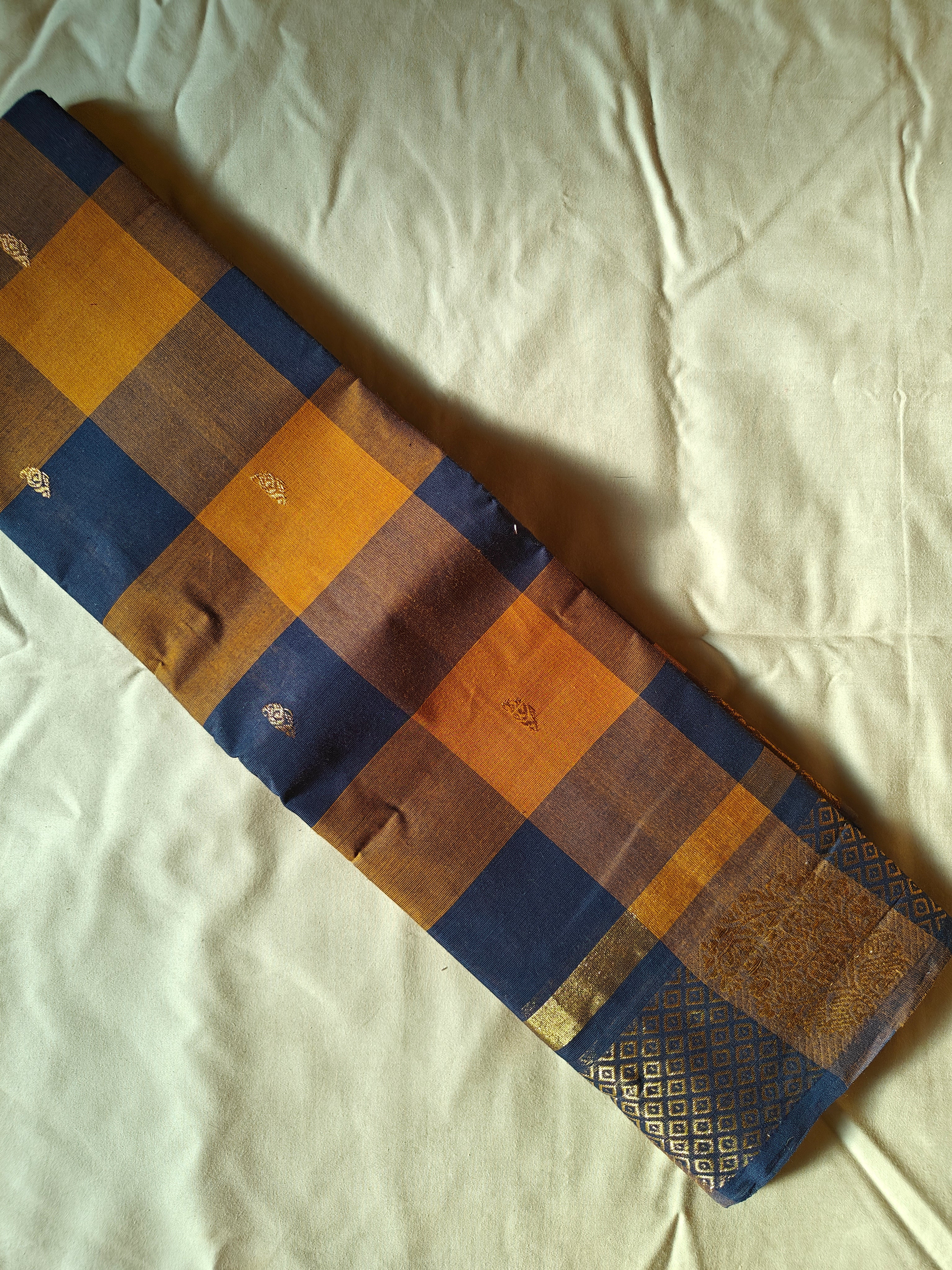 Kattam - 1 minute Ready-to-wear saree in Chettinad cotton in Brown and mustard checks