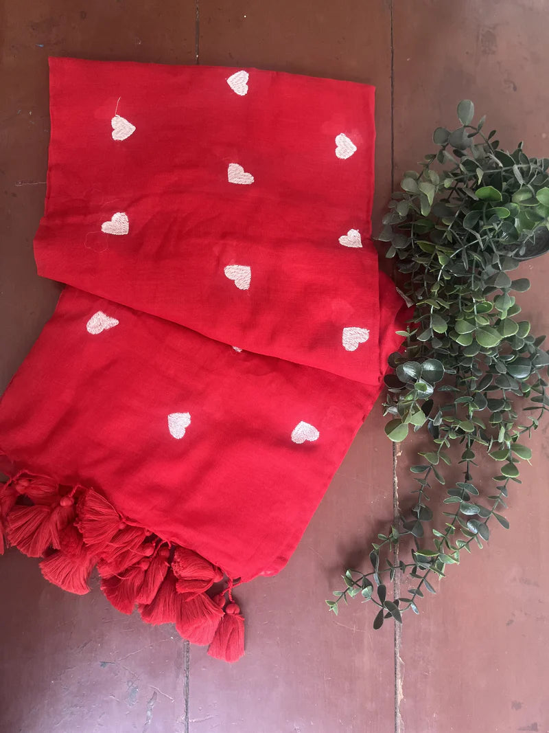 Aanchal - Saree (Unstitched) in Red heart in Mul Cotton
