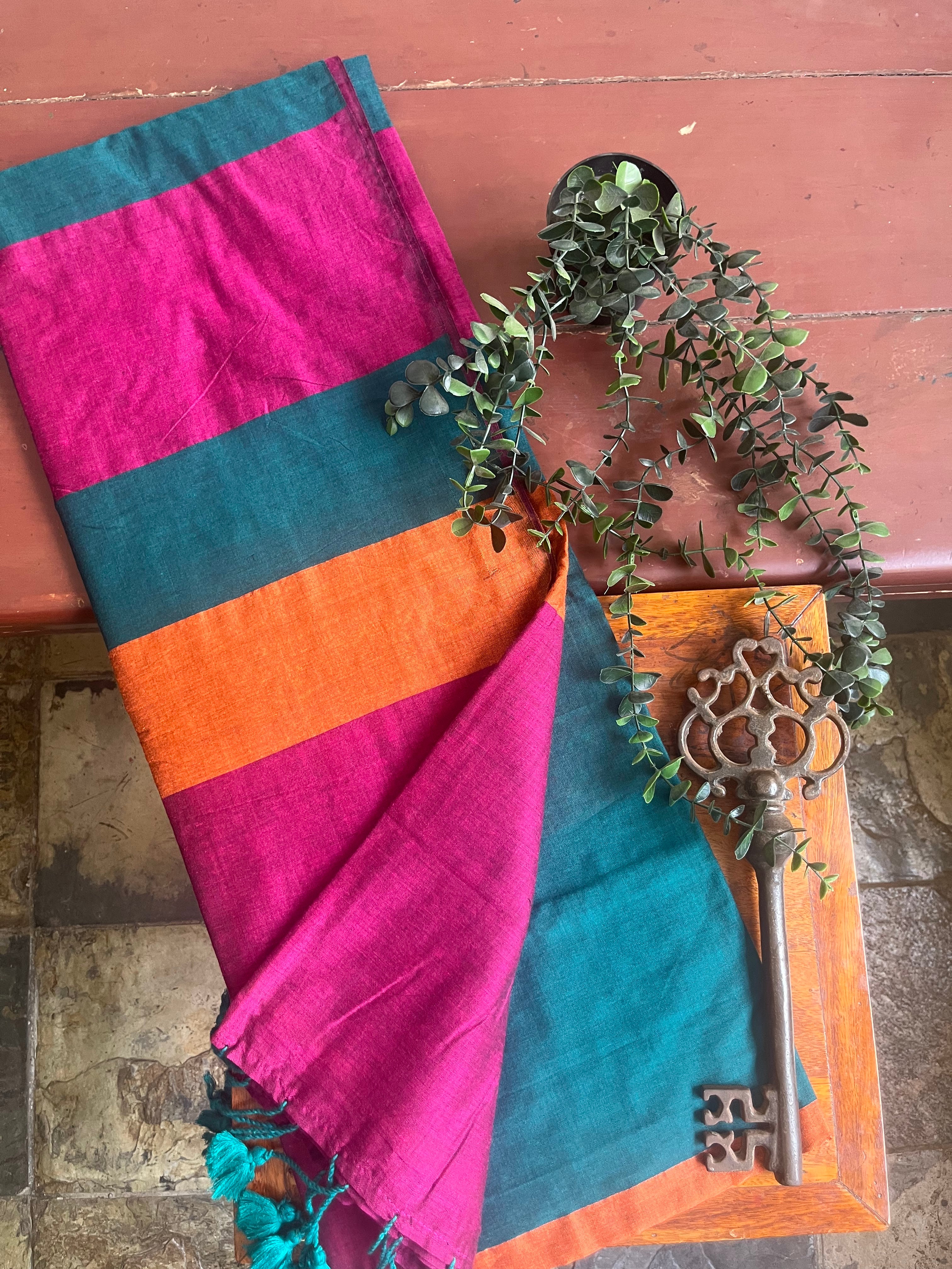 Aanchal - Saree (Unstitched) in Teal with multicolor in Khadi fabric