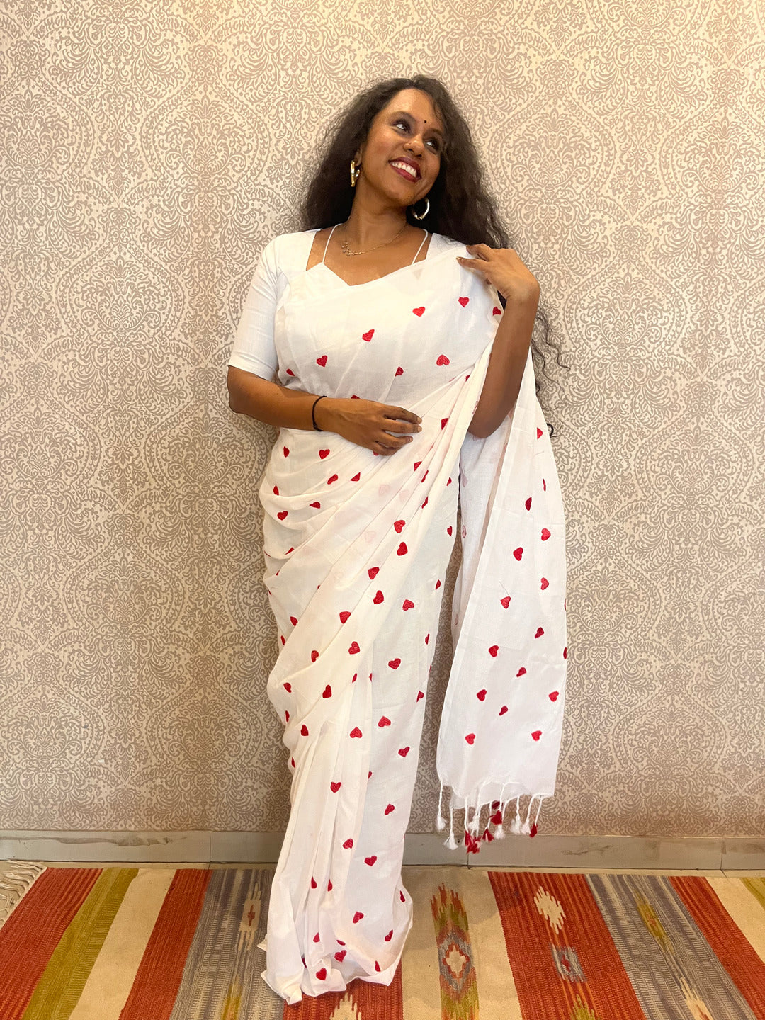 Aanchal - 1 minute Ready-to-wear saree in White heart in Khadi