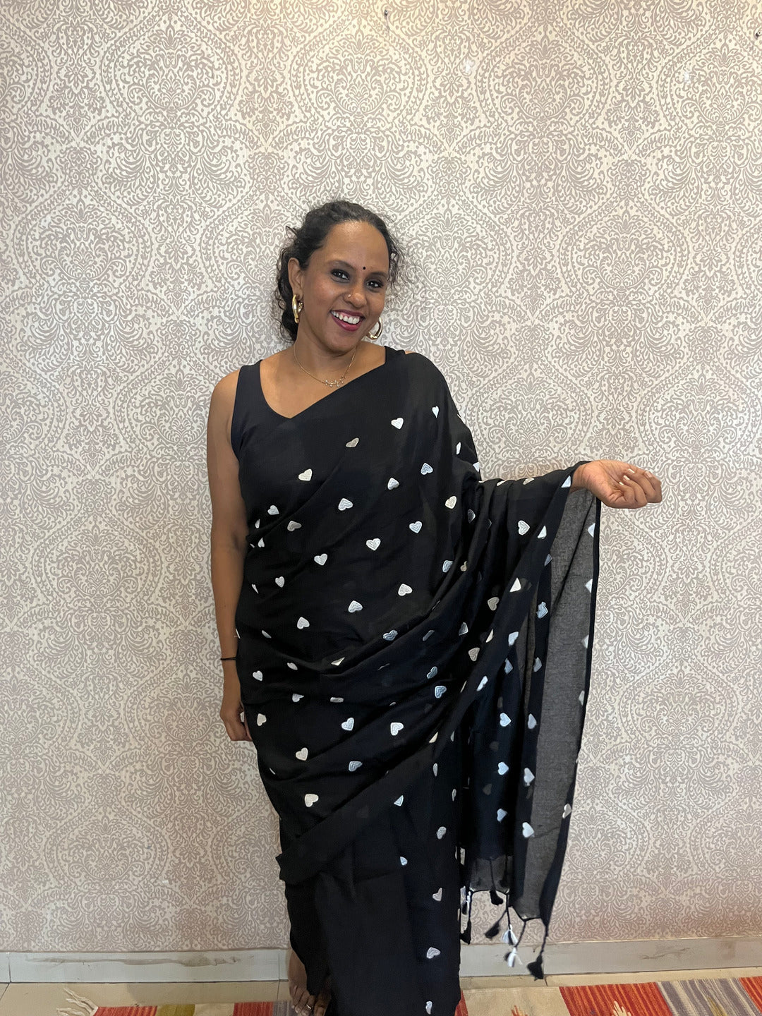 Aanchal - 1 minute Ready-to-wear saree in Black heart in Khadi