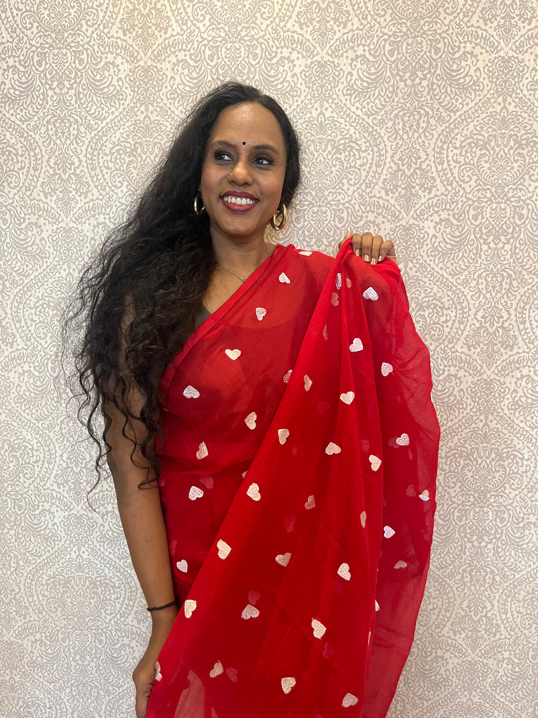 Aanchal - 1 minute Ready-to-wear saree in Red heart in Mul cotton
