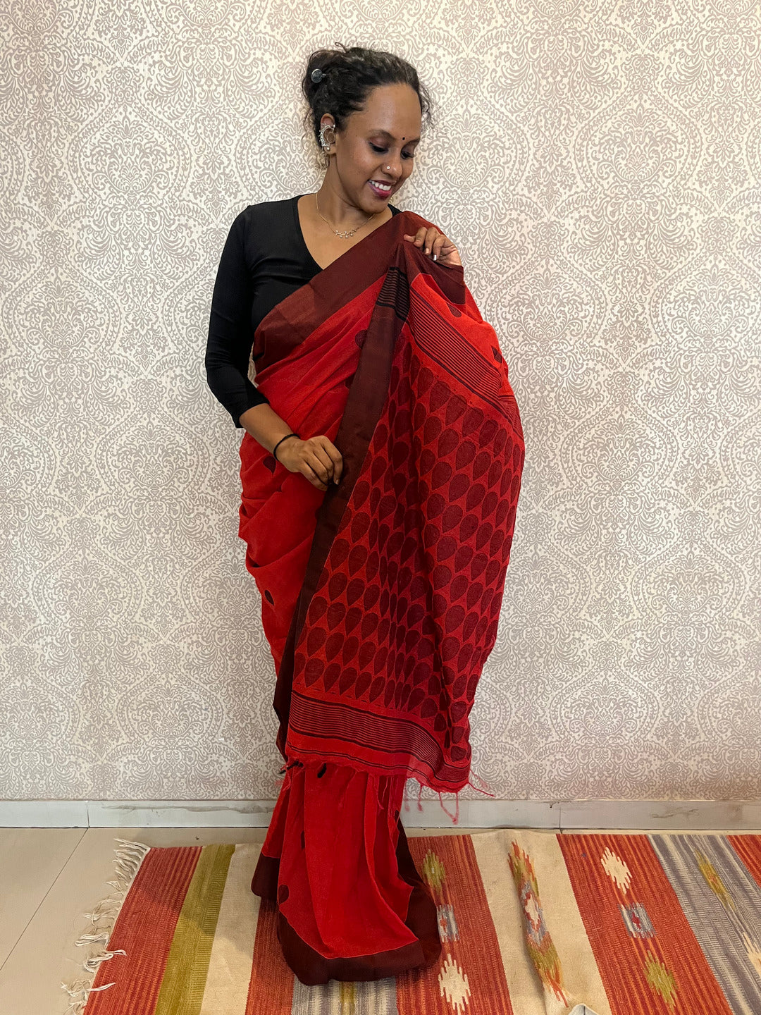 Aanchal - 1 minute Ready-to-wear saree in Red in Handloom Masrize Cotton