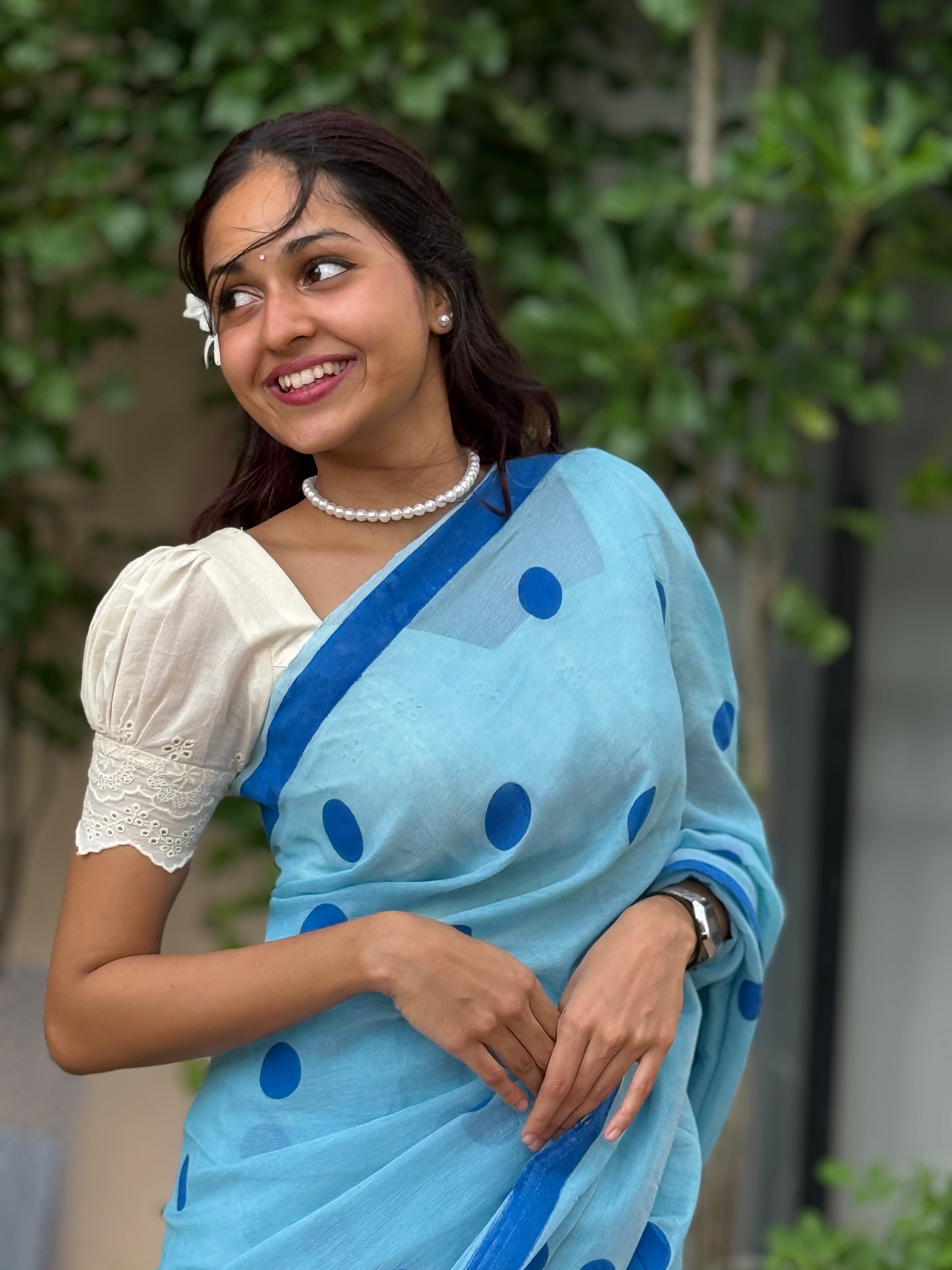 Aanchal - 1 minute Ready-to-wear saree in Blue Polka in Khadi fabric