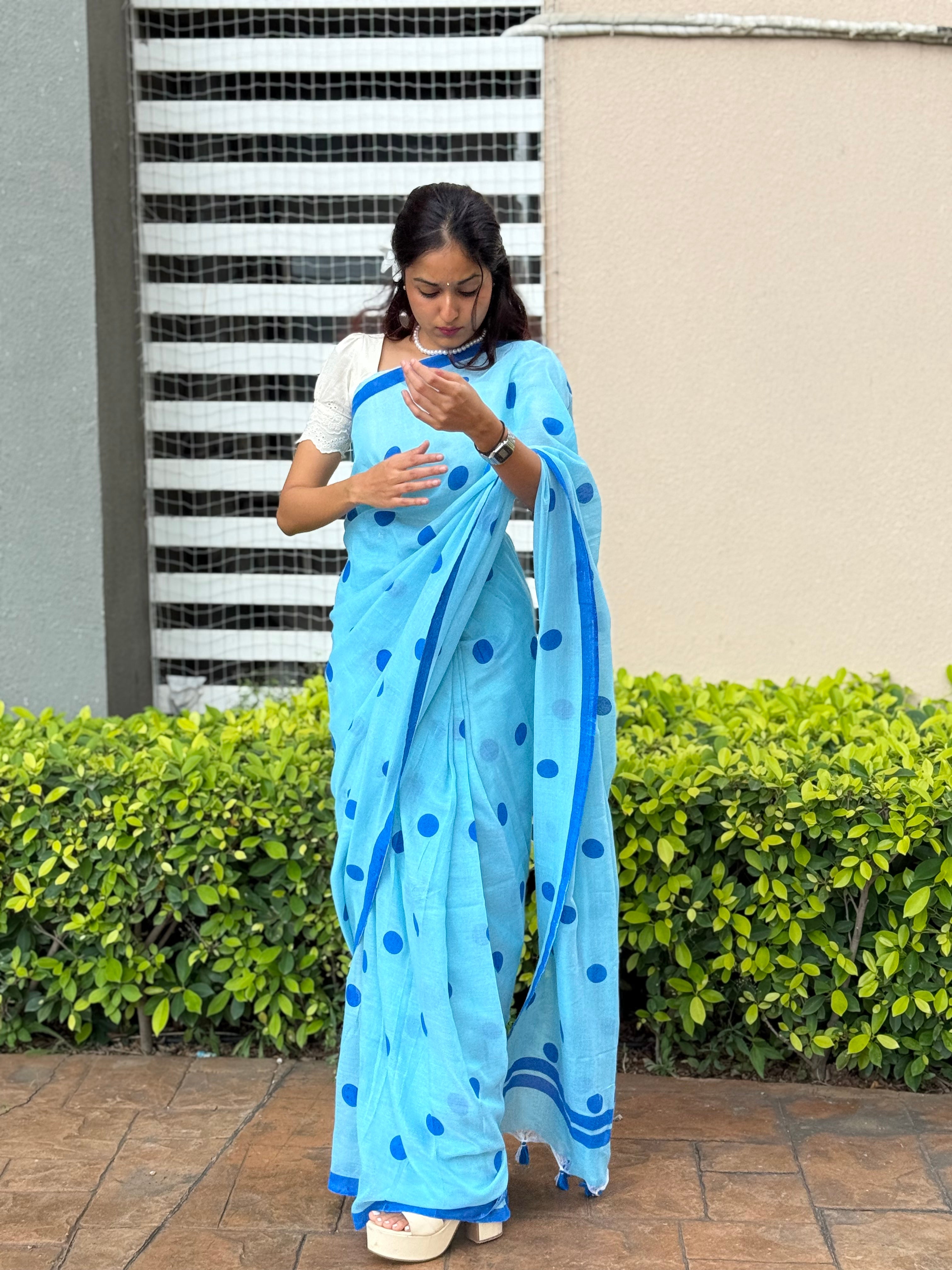 Aanchal - Saree (Unstitched) in Blue Polka in Khadi fabric
