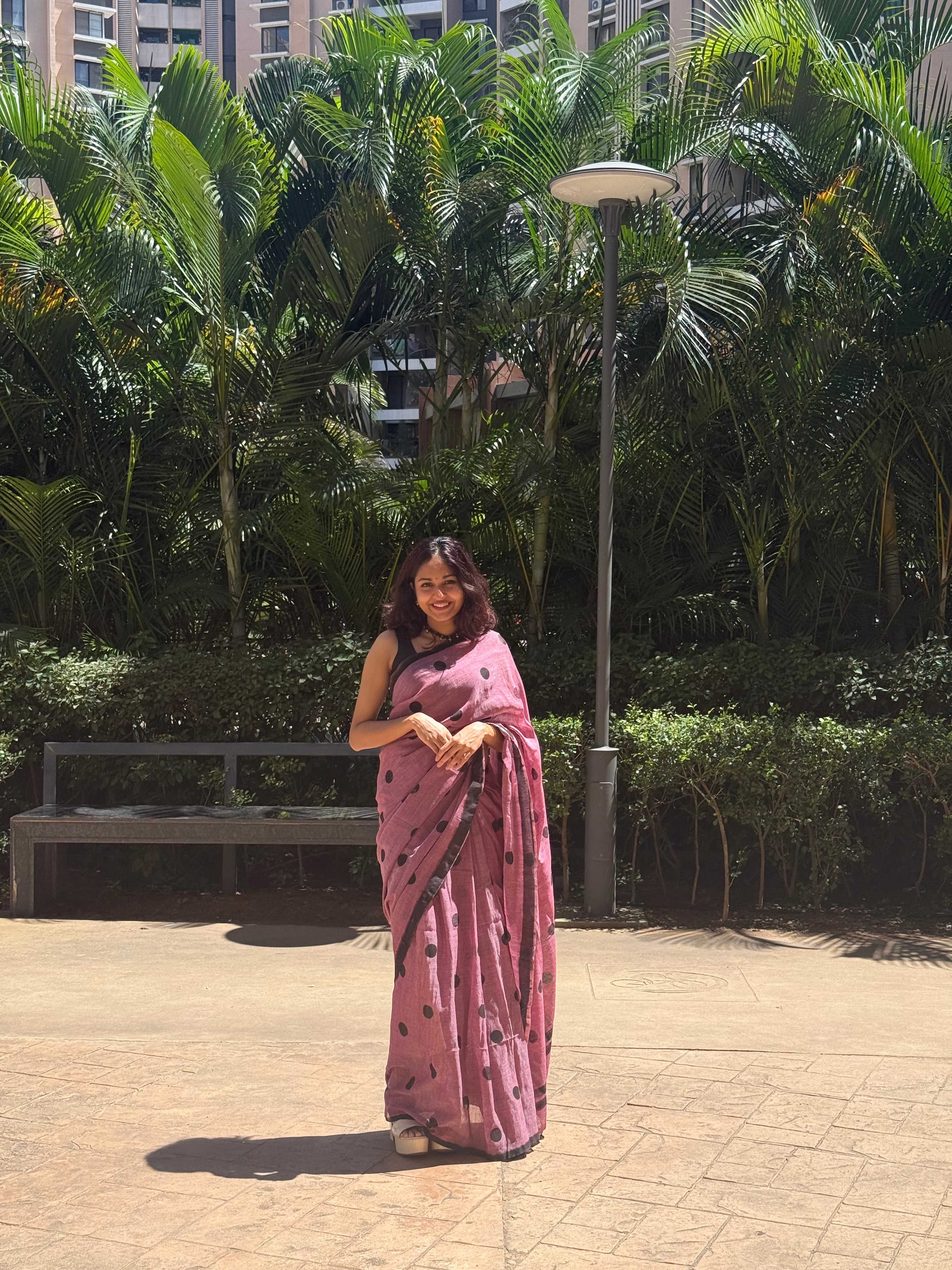 Aanchal - Saree (Unstitched) in Onion Pink Polka in Khadi fabric