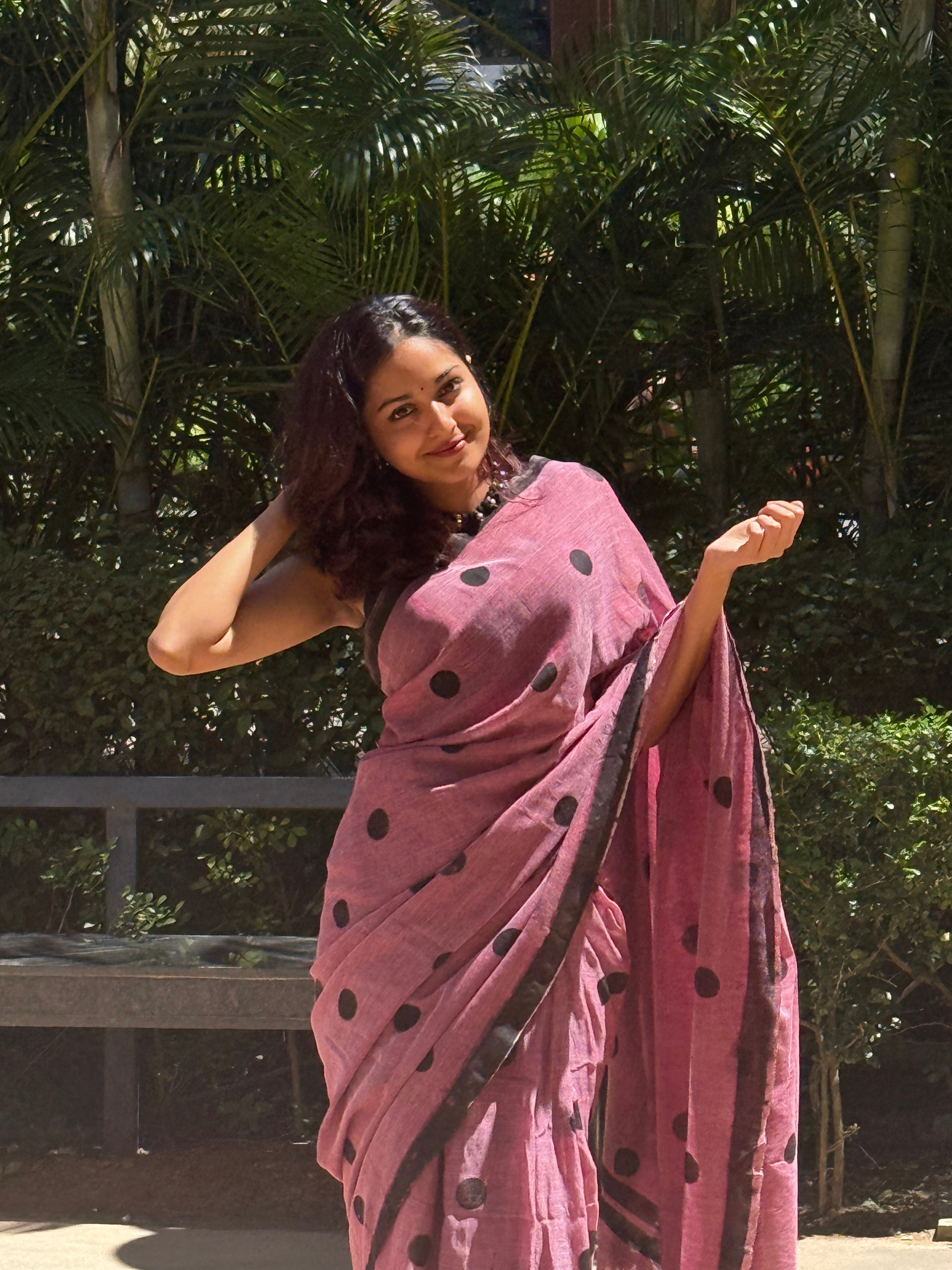 Aanchal - Saree (Unstitched) in Onion Pink Polka in Khadi fabric