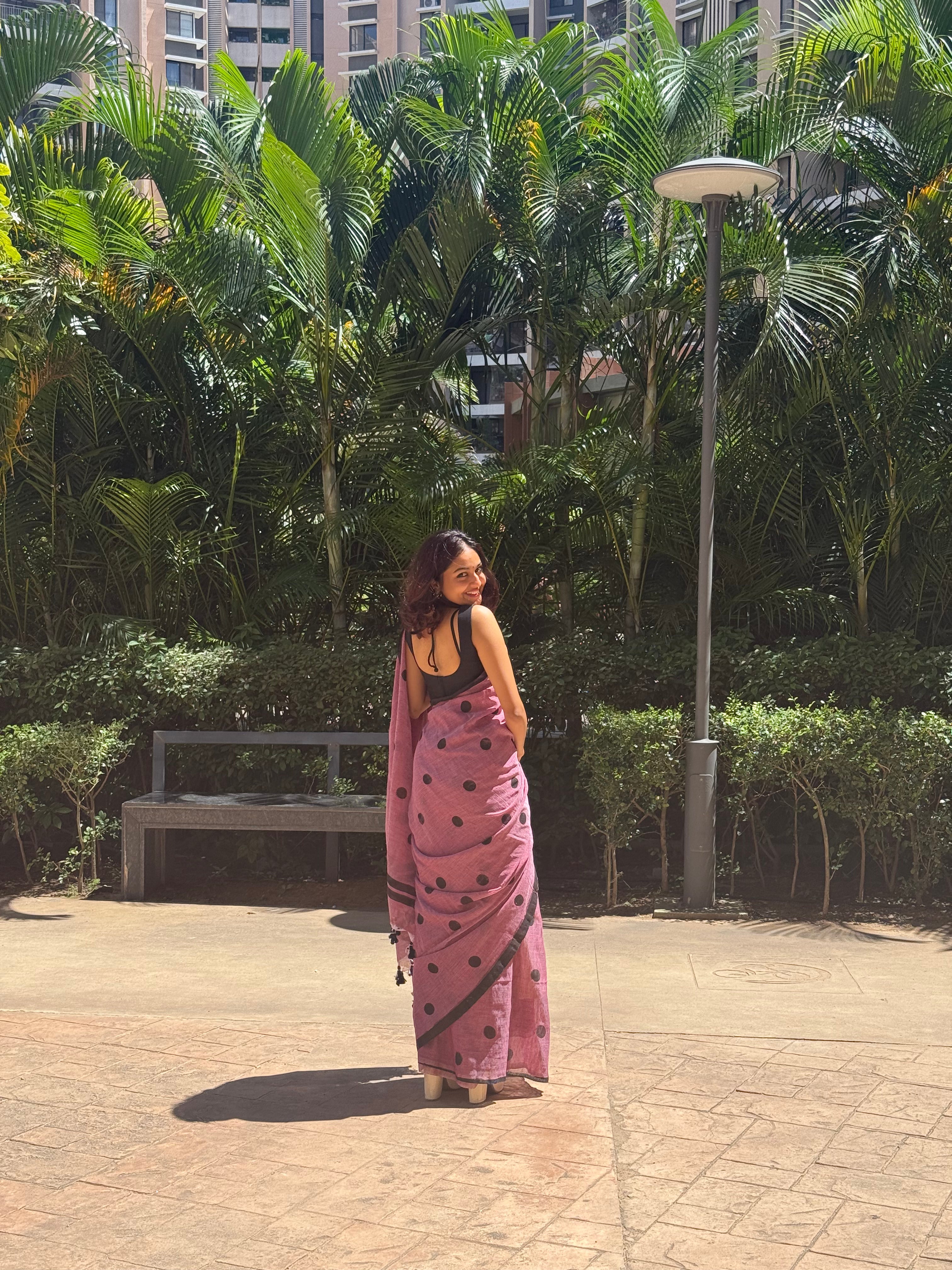 Aanchal - Saree (Unstitched) in Onion Pink Polka in Khadi fabric