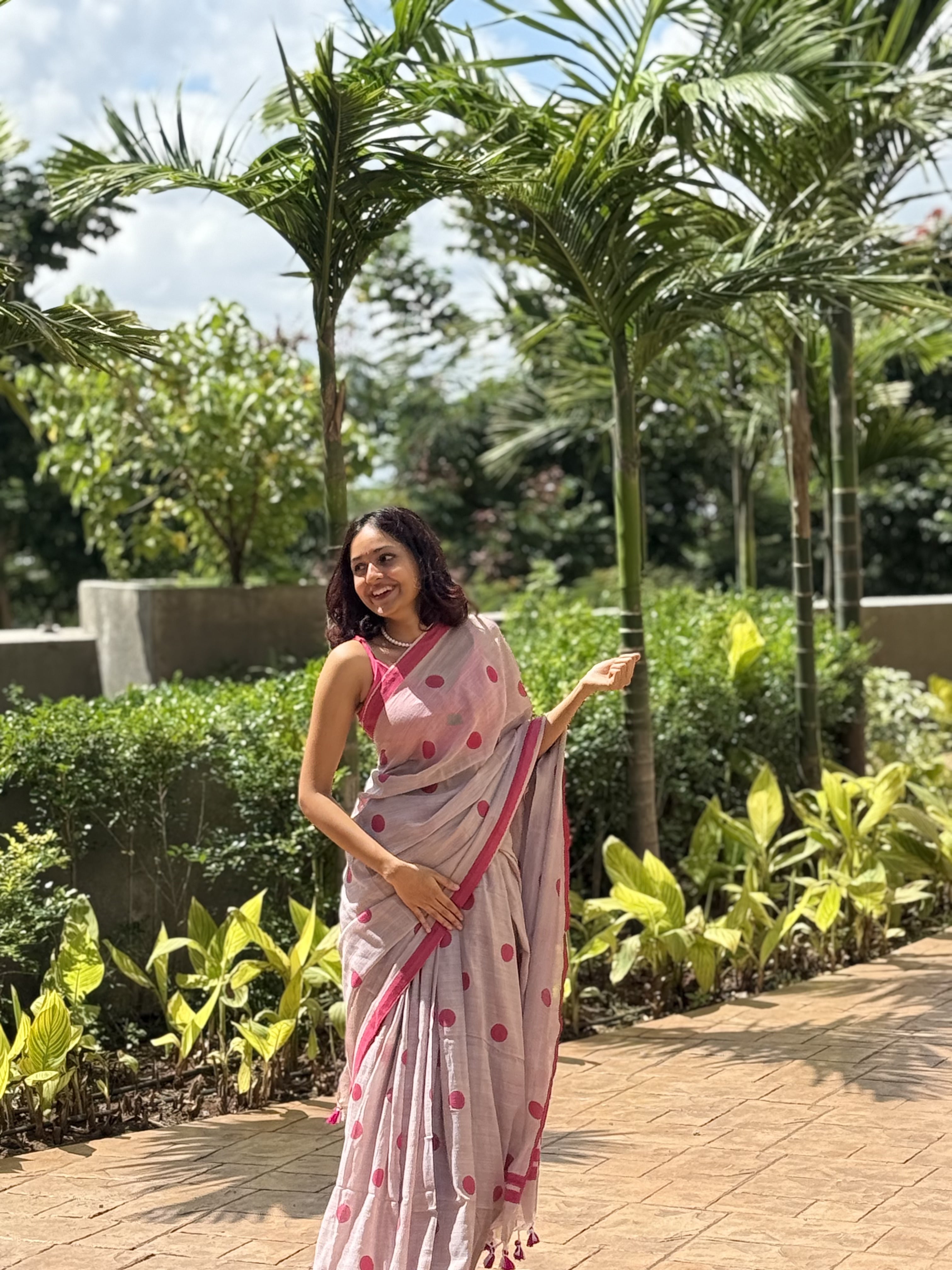 Aanchal - 1 minute Ready-to-wear saree in Beige Polka in Khadi fabric