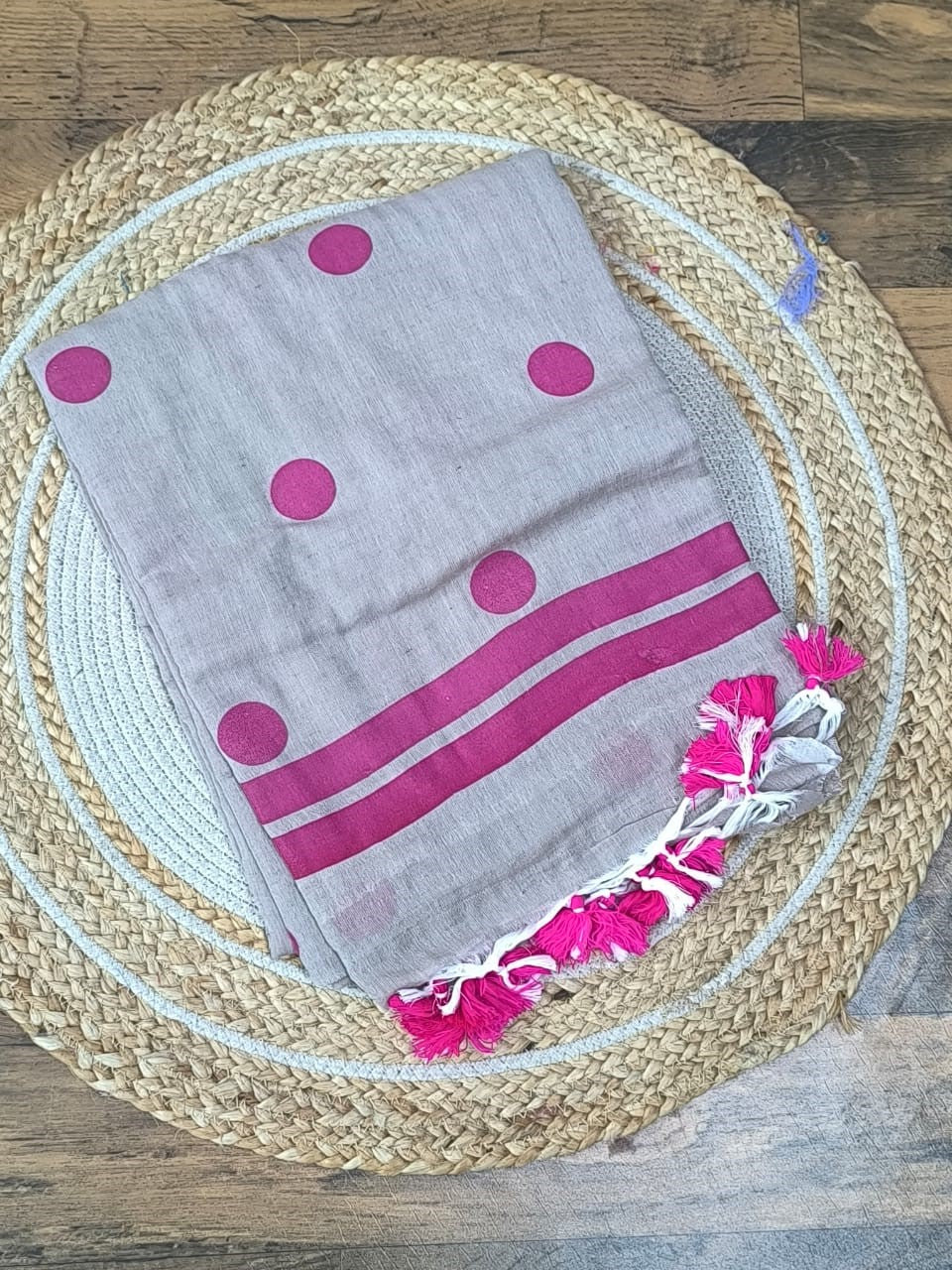 Aanchal - Saree (Unstitched) in Beige Polka in Khadi fabric