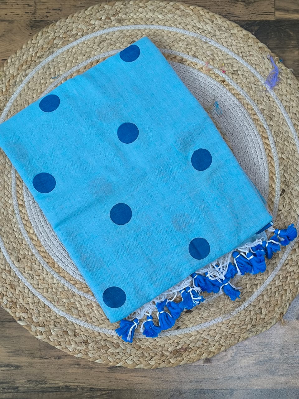 Aanchal - Saree (Unstitched) in Blue Polka in Khadi fabric