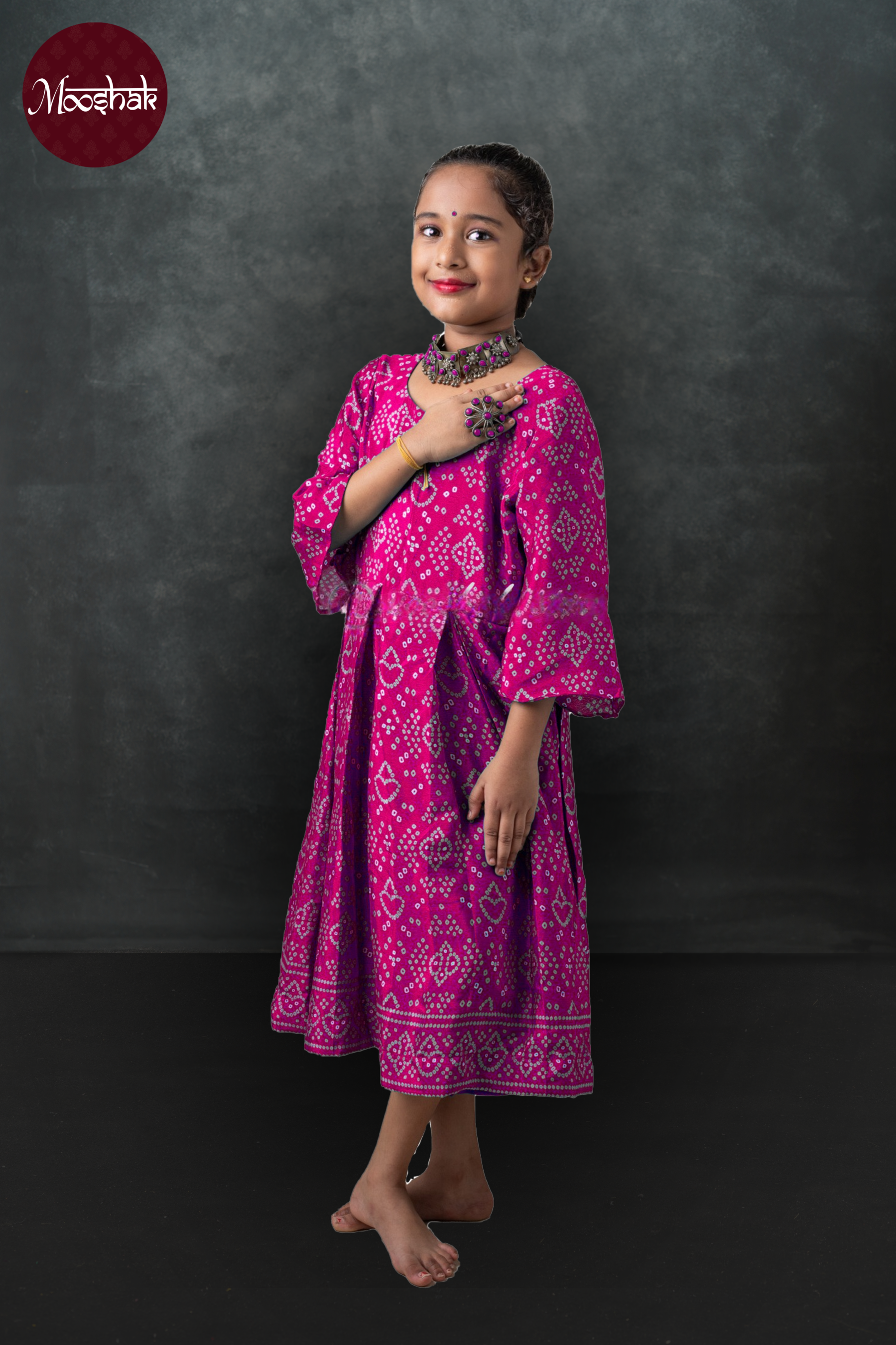 Ambika - Frock-Dress in Pink Bandhani