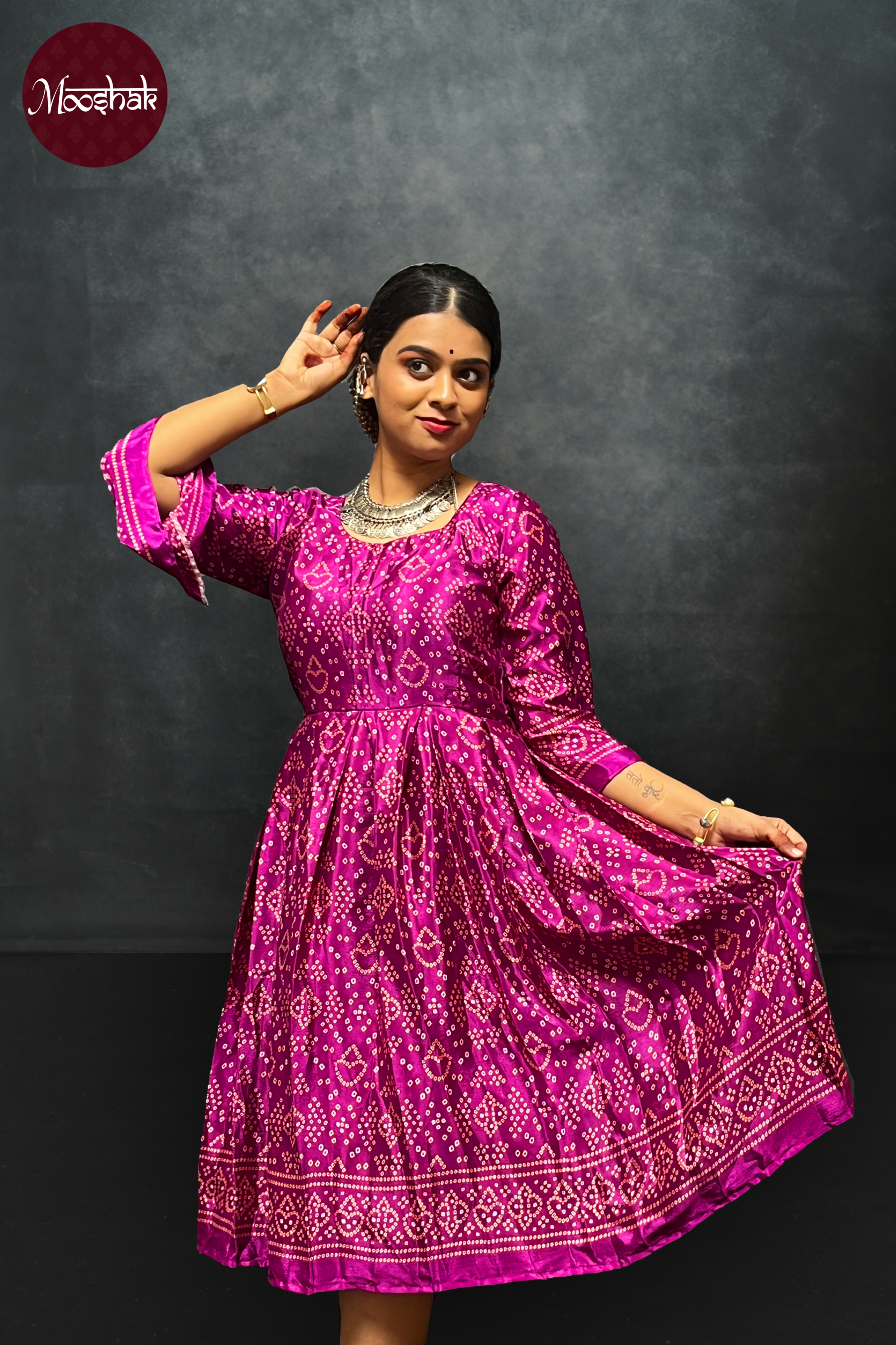 Ambika - Frock-Dress in Pink Bandhani